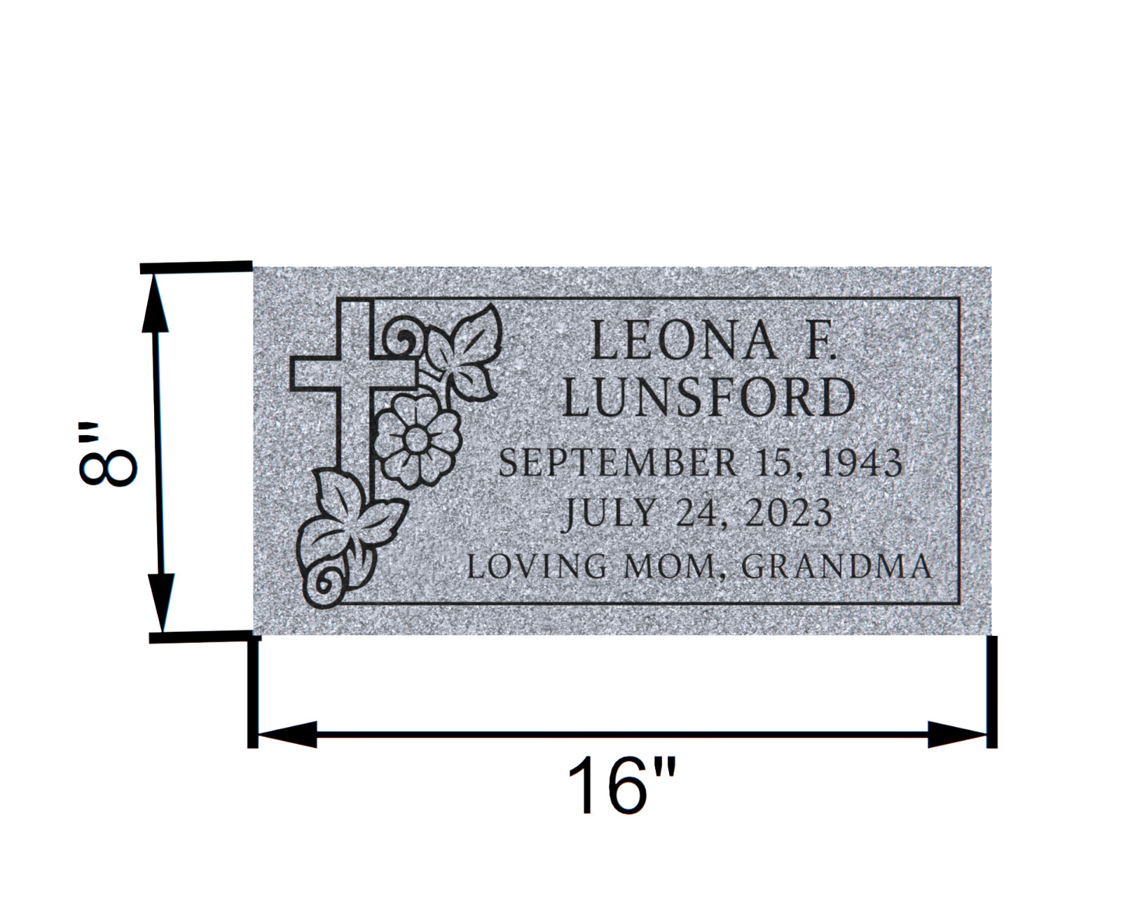 16×8×3″ Gray Granite Flat Grave Marker – Custom Engraved with Cross & Flowers