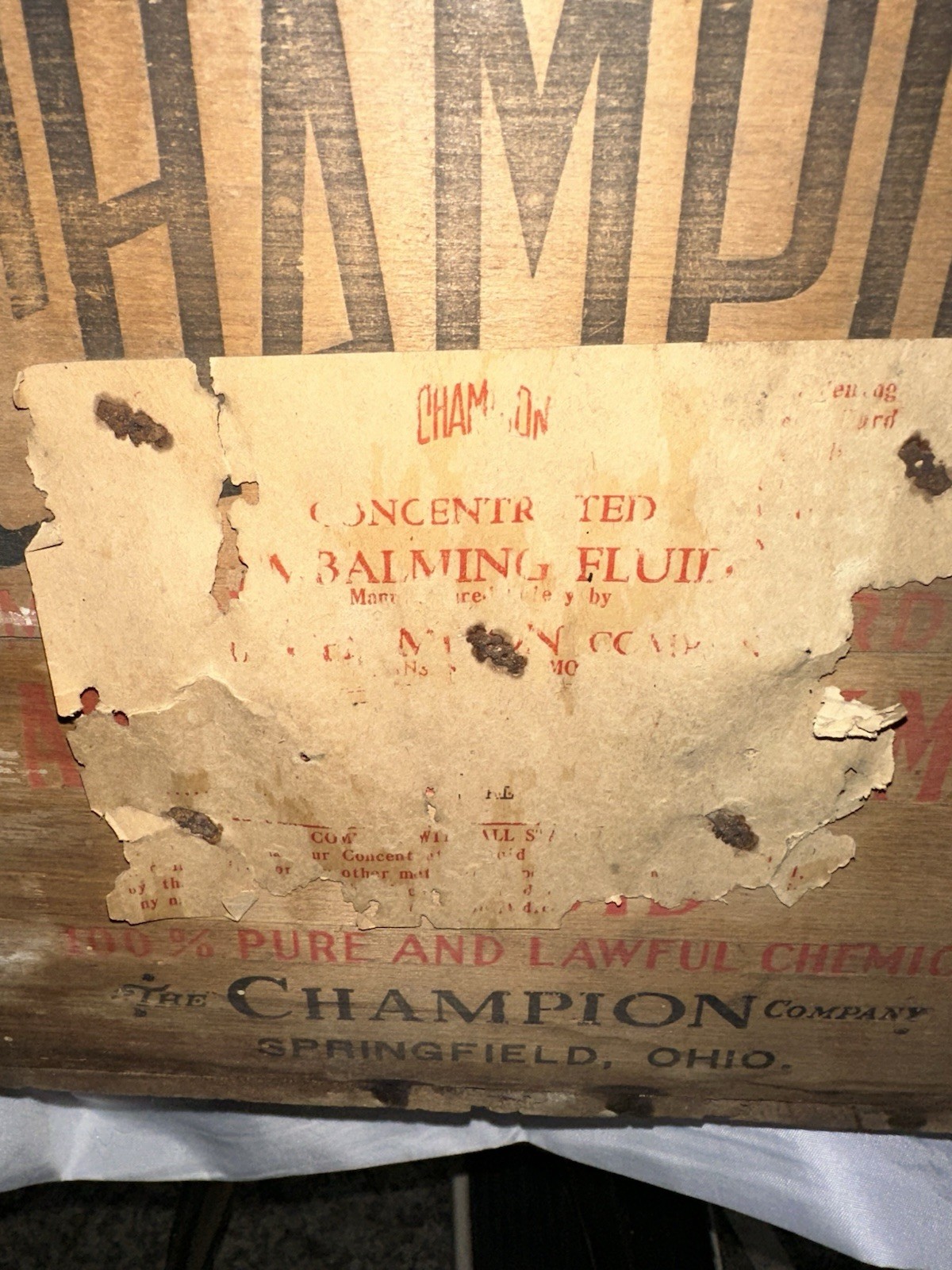 Champion Embalming Fluid Wooden Crate Springfield Ohio Funeral Home Antique