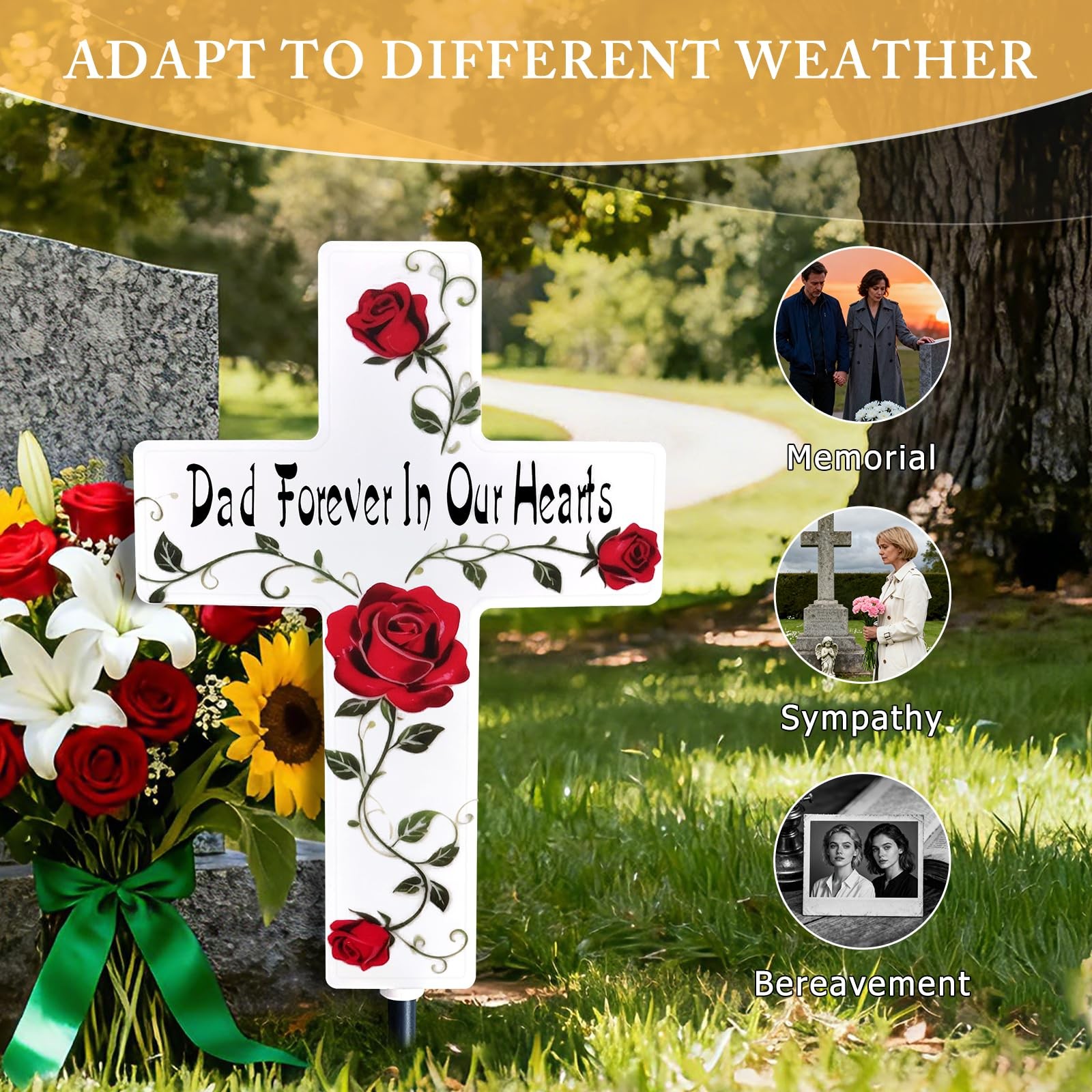 Solar Cross Light Rose Flower Grave Decorations for Memorial Garden Stake