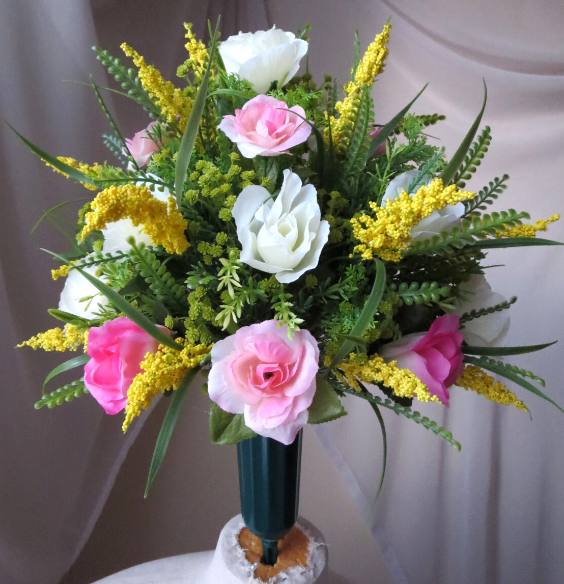 MEMORIAL CEMETERY GREEN VASE ARTIFITIAL FLORAL ARRANGEMENT 17″x 15″ NEW