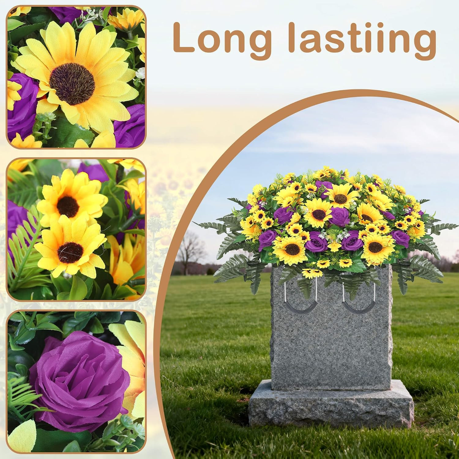 Silk Sunflower Grave Flowers for Cemetery Memorial – Purple Headstone Decor
