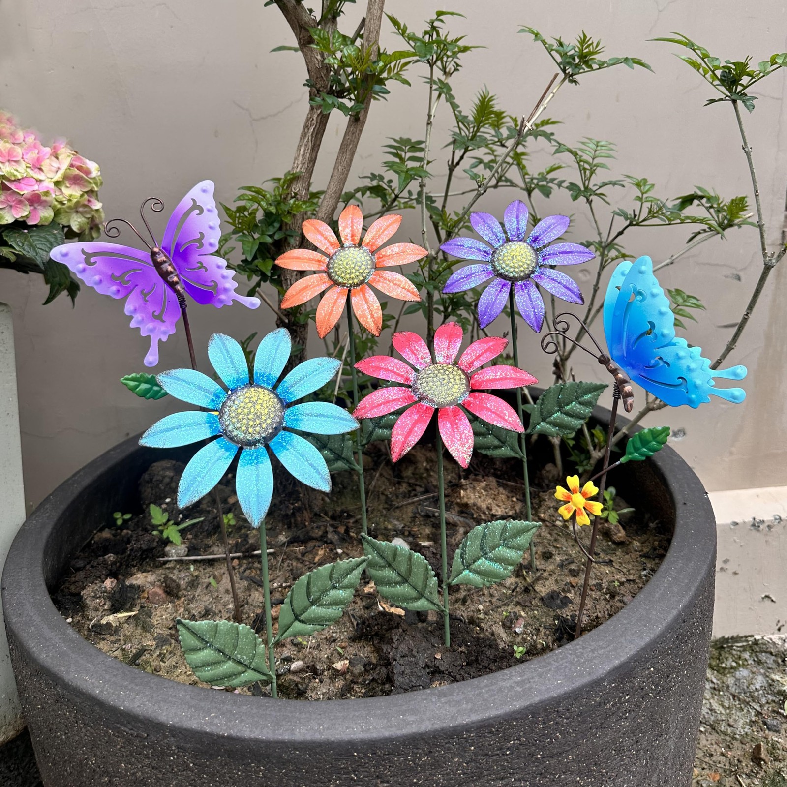 6Pack Metal Flowers for Outside，16.15 Inch Metal Flowers&Colorful Butterfly D…
