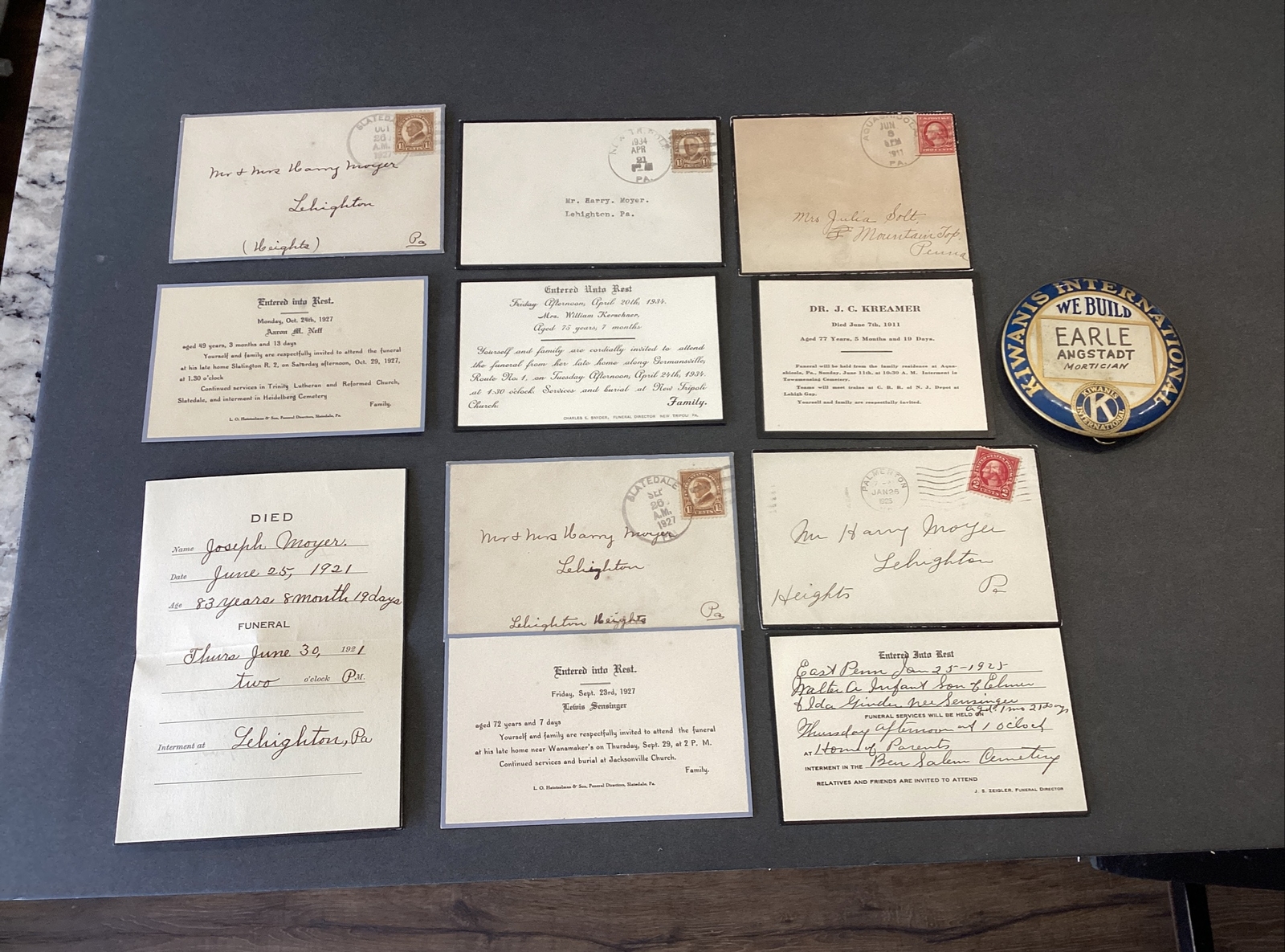6 1900s Death Notice Cards & Mortician Kiwanis Pin Lehigh Valley Baby