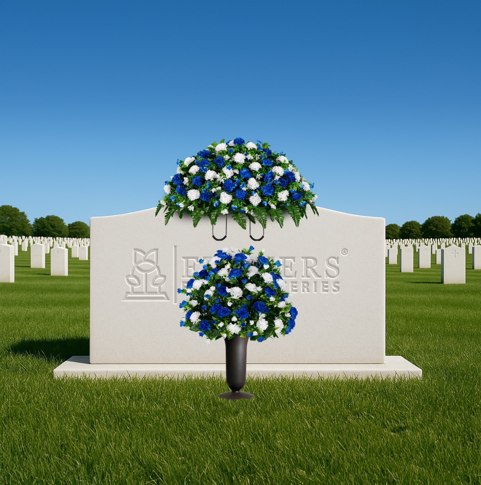 Artificial Gravesite Arrangement – Blue & White Garden Mum Saddle Bouquet & Vase