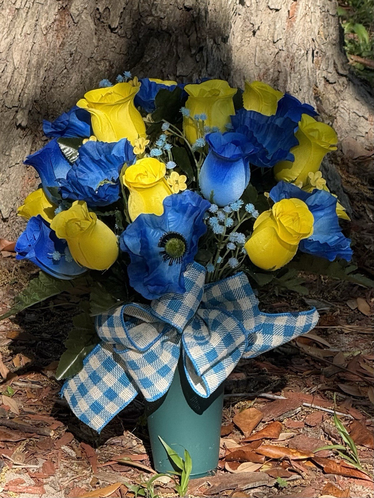 Cemetery Vase Memorial Silk Flower Arrangement Blue Two Tone & Yellow