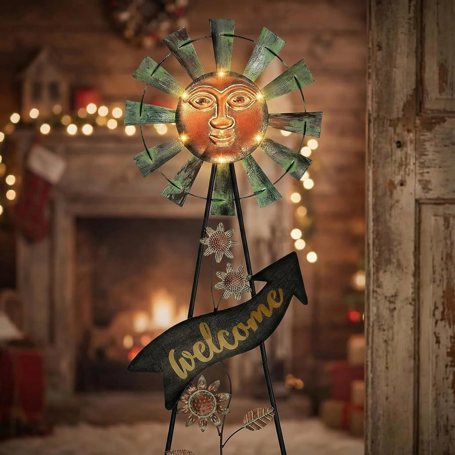 Fathers Day Gift Solar Garden Lights Wind Spinner Outdoor Metal Sun Face Decor