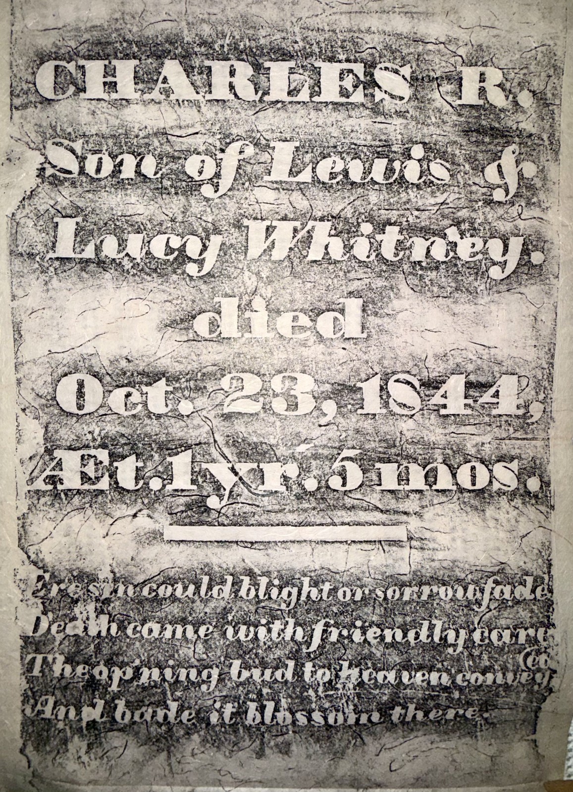 Gravestone Rubbing N.E. Charles Whitney 1844, 12×19
