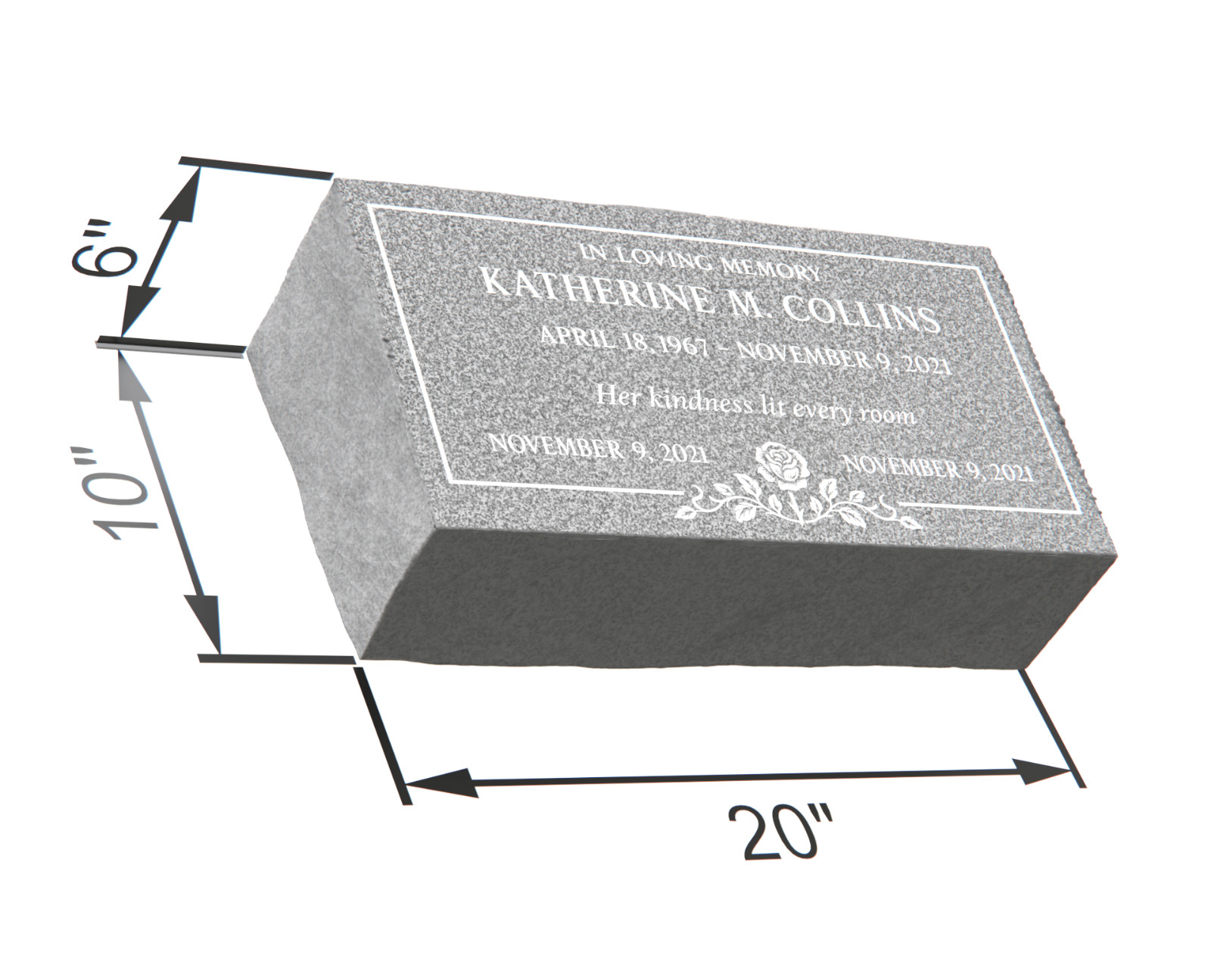 20x10x6 Gray Granite Bevel Grave Marker – Personalized Engraved Memorial