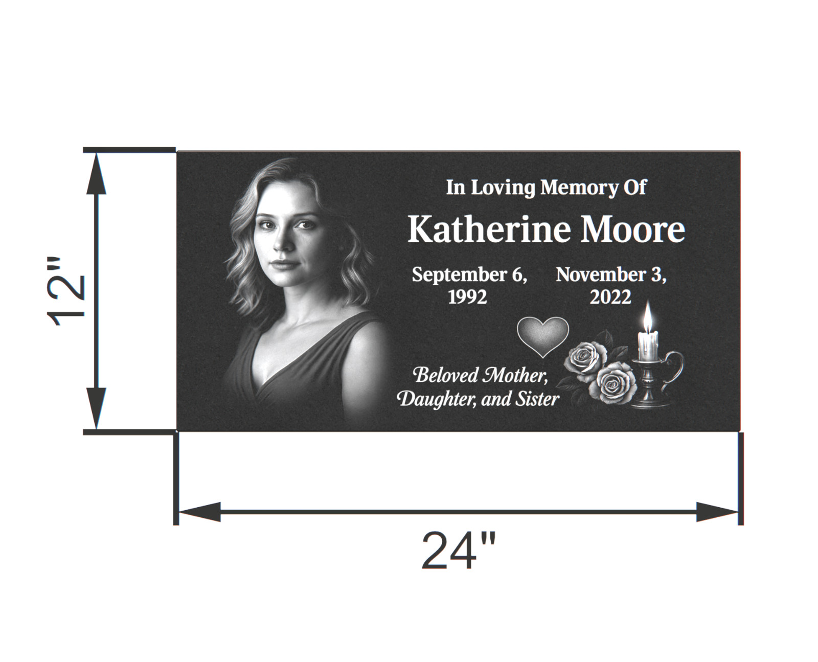 Custom 24x12x2 Black Granite Flat Marker – Personalized Photo Memorial Headstone