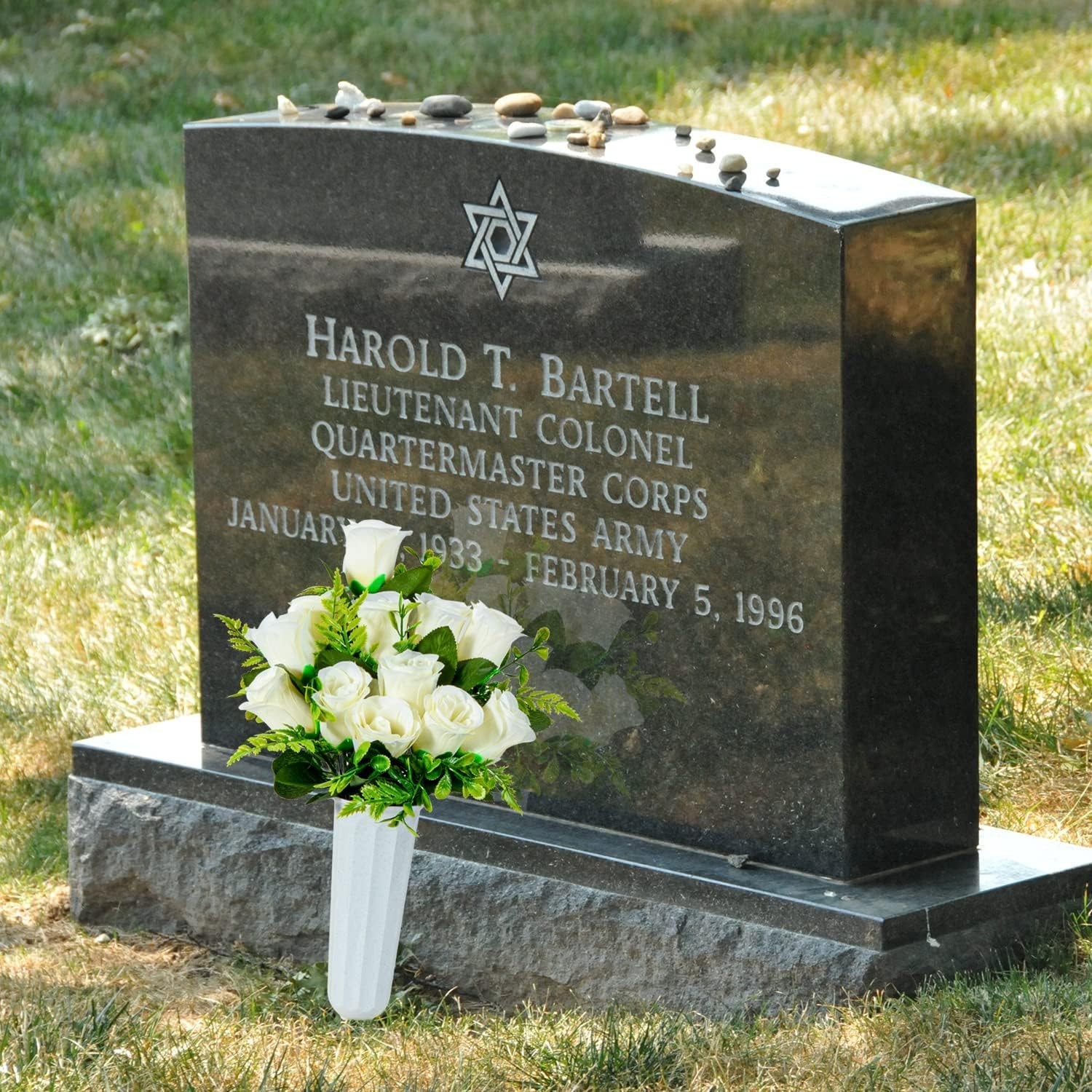 Commemorate Loved Ones with 2 Beautiful White Rose Bouquets and Vases for Graves