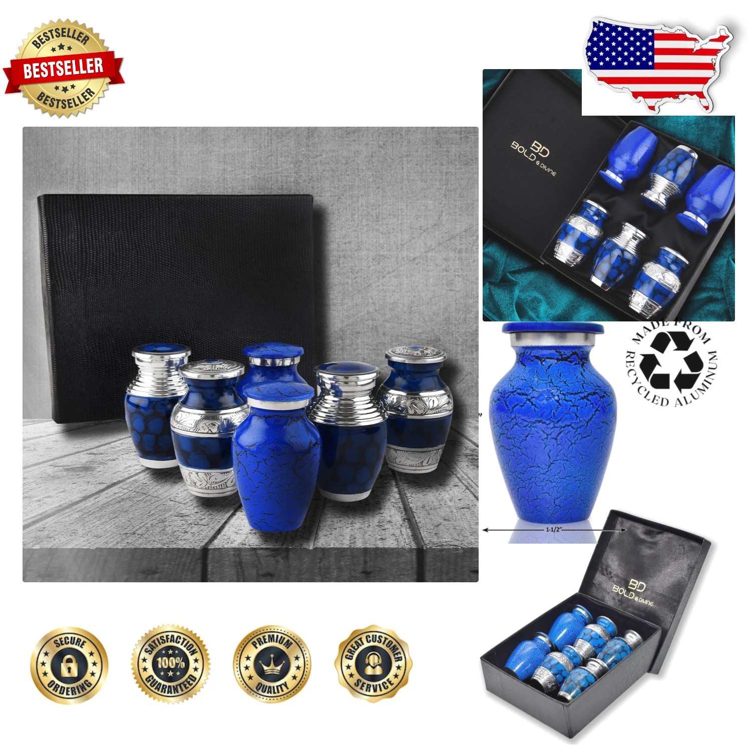Luxury Mini Cremation Urns Set 6 Blue Silver Brass 3 Cubic Inch Keepsakes