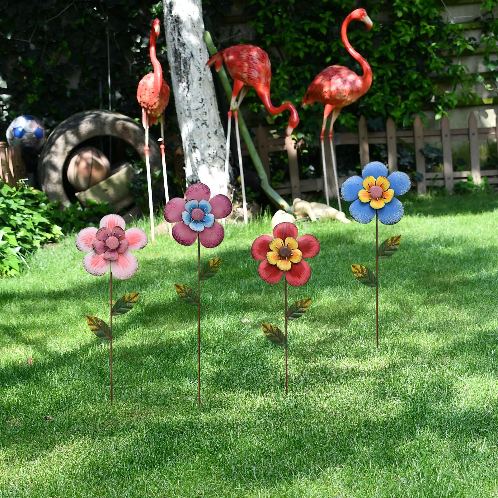 4Pcs Metal Flower Garden Stakes, 16″” H Rustic Flowers Yard Stake Decorative …