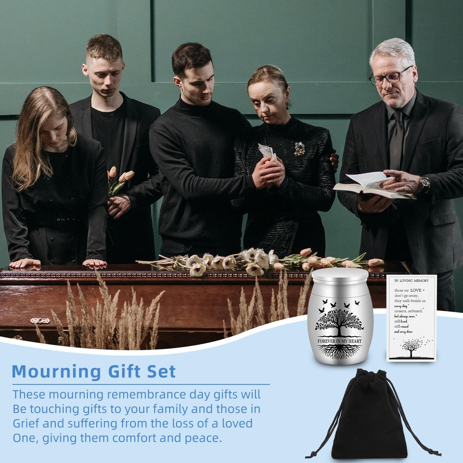 Set of 6 Silver Keepsake Urns for Ashes with Memorial Cards and Velvet Bag