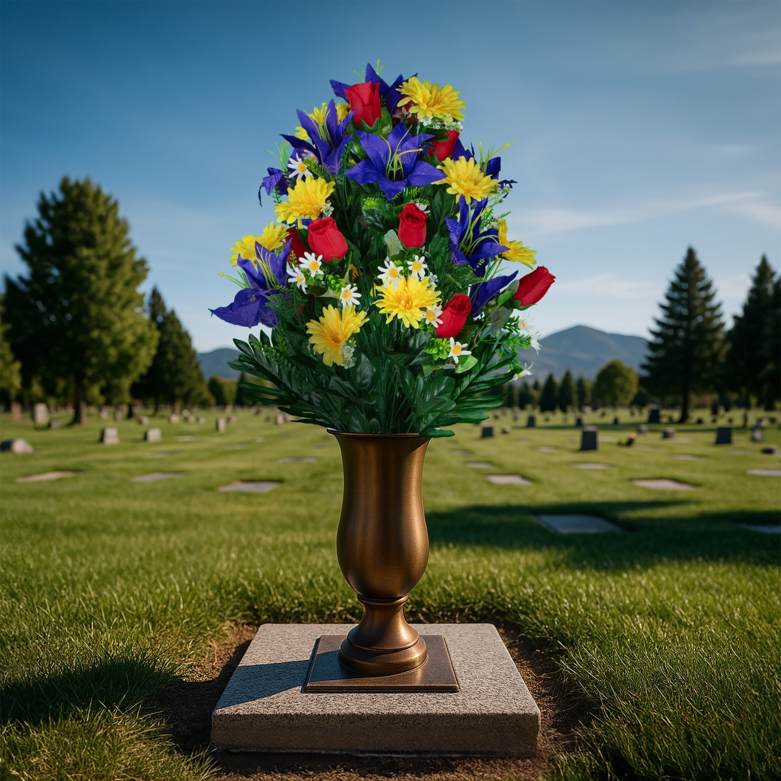 Artificial Cemetery Flowers – Purple Lilies with Yellow Daisies and Red Roses