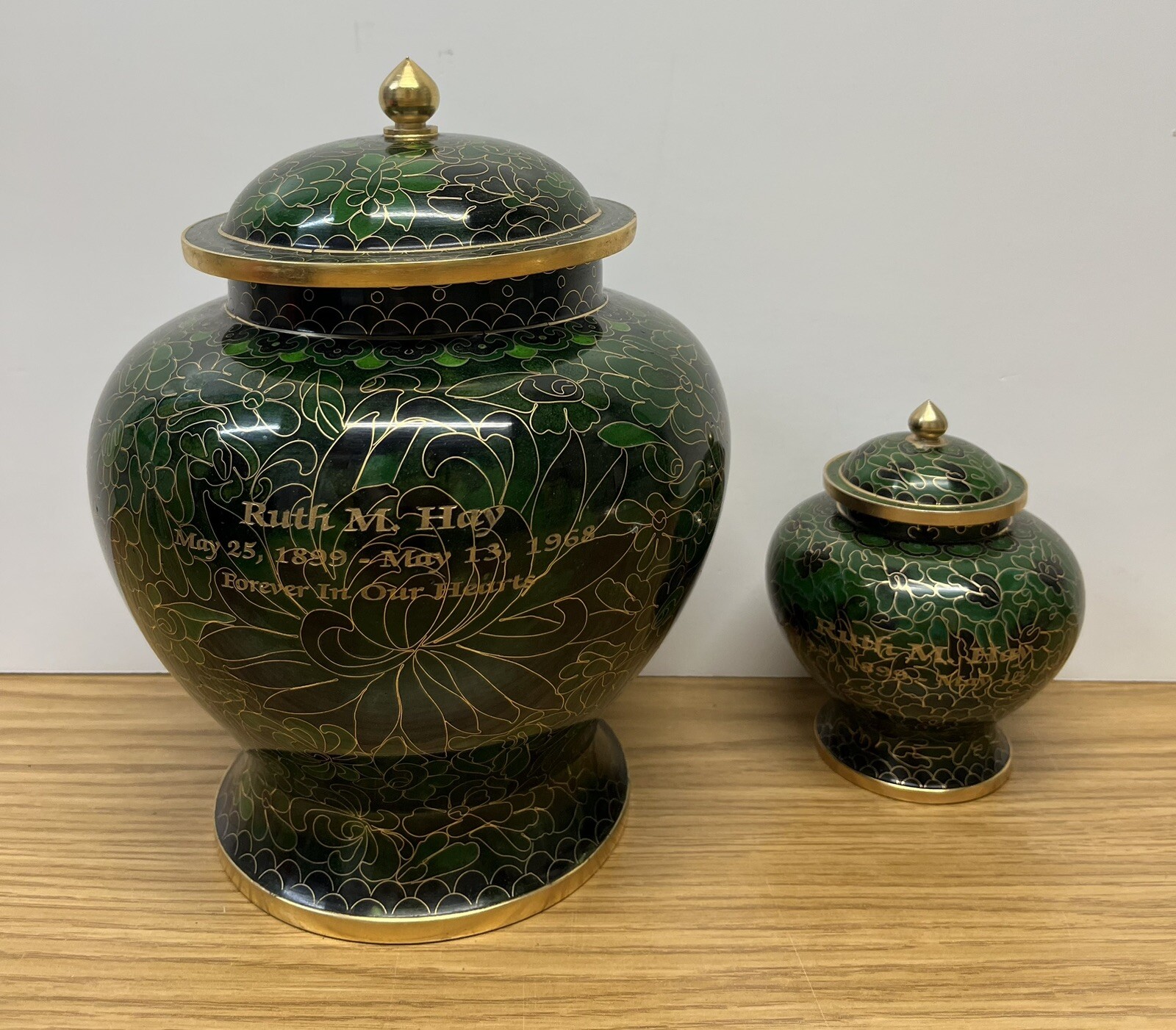 Lot 2 SALESMAN SAMPLE Matching Metal Cremation Urn Dark Green Funeral Ashes