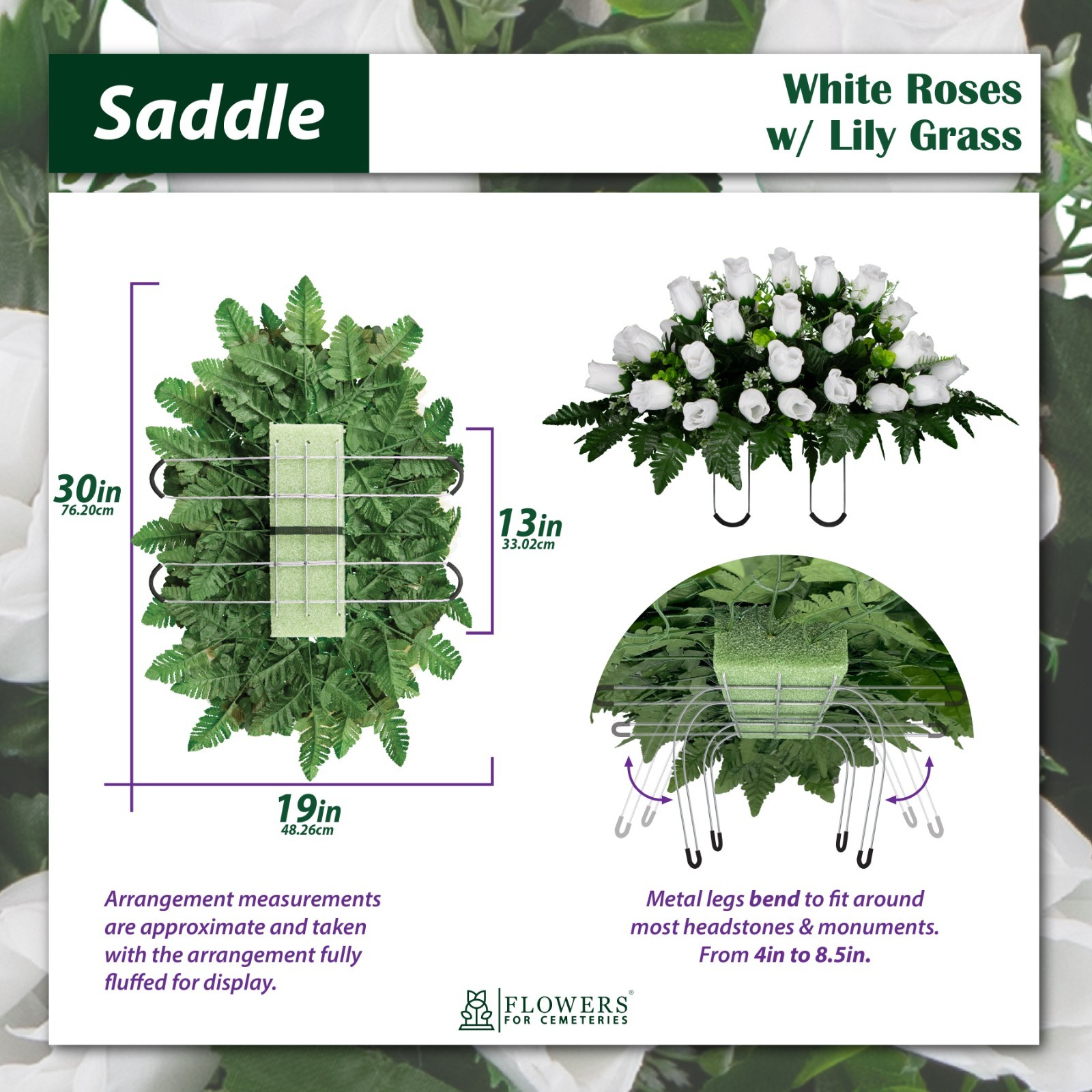 Artificial Cemetery Flowers -White Rose Saddle, 2 Bouquets & 2 Vases
