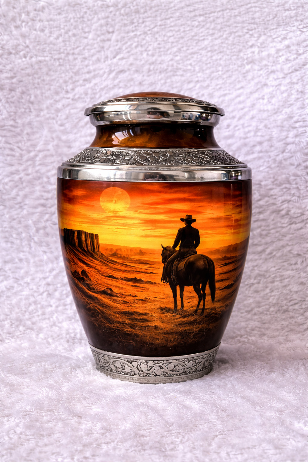 Western Cowboy Sunset Cremation Urn, Desert Landscape Memorial, Aluminum Metal