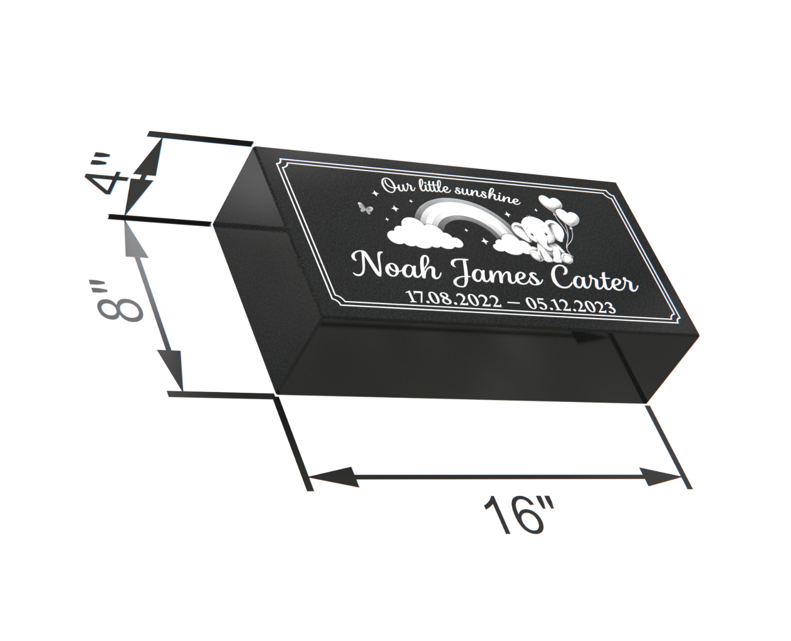 Custom Black Granite Baby Headstone 16x8x4 – Engraved Rainbow Memorial Stone