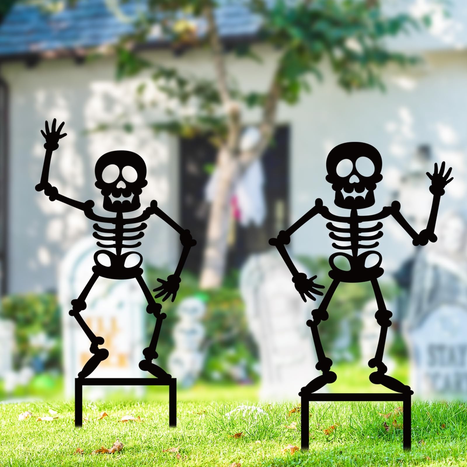 3Pcs Halloween Decoration Outdoor Metal Yard Stakes 45″ Tall Dancing Skeleton…