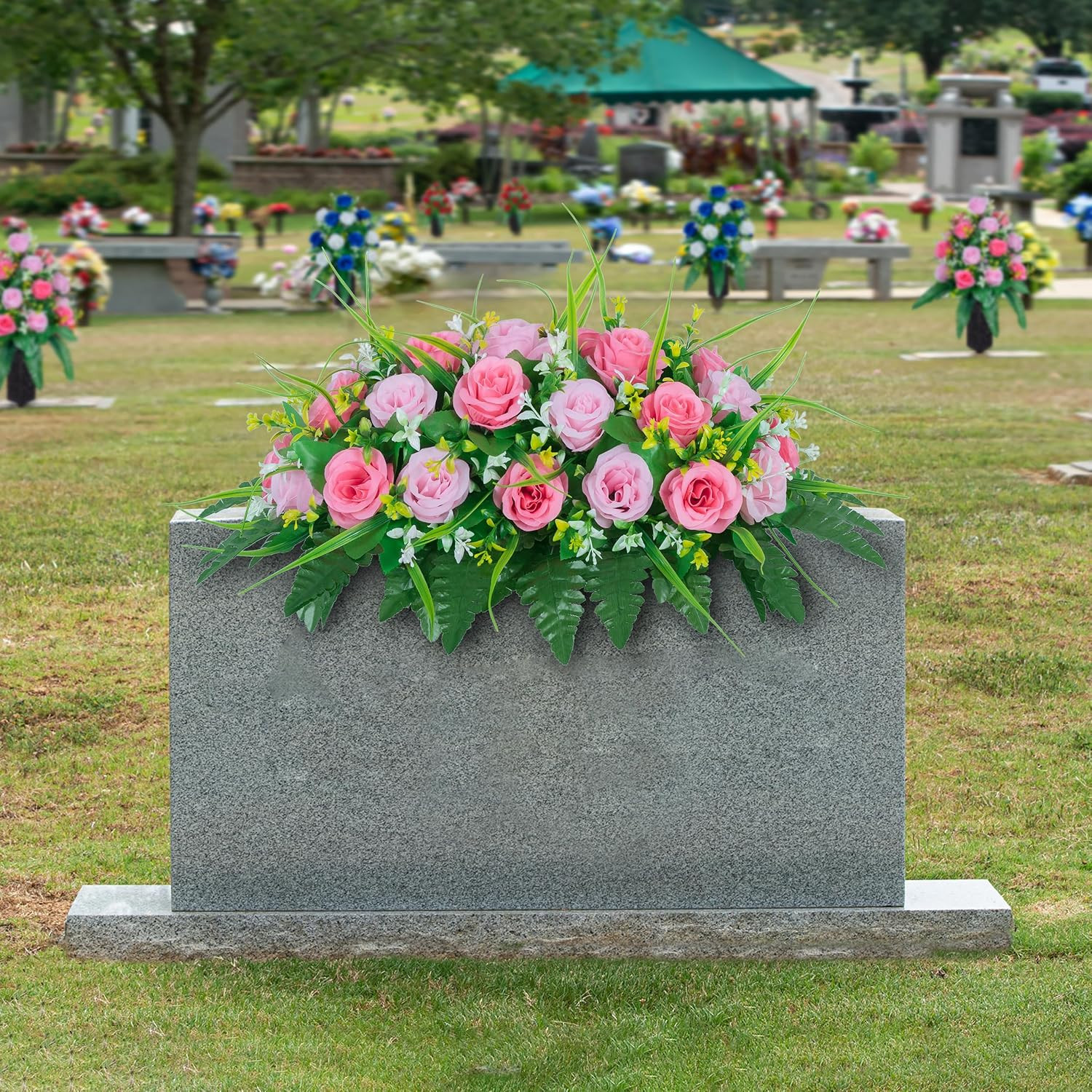 Cemetery Tombstone Flower Saddle – Outdoor Grave Decorations – Non-Bleed Colors,