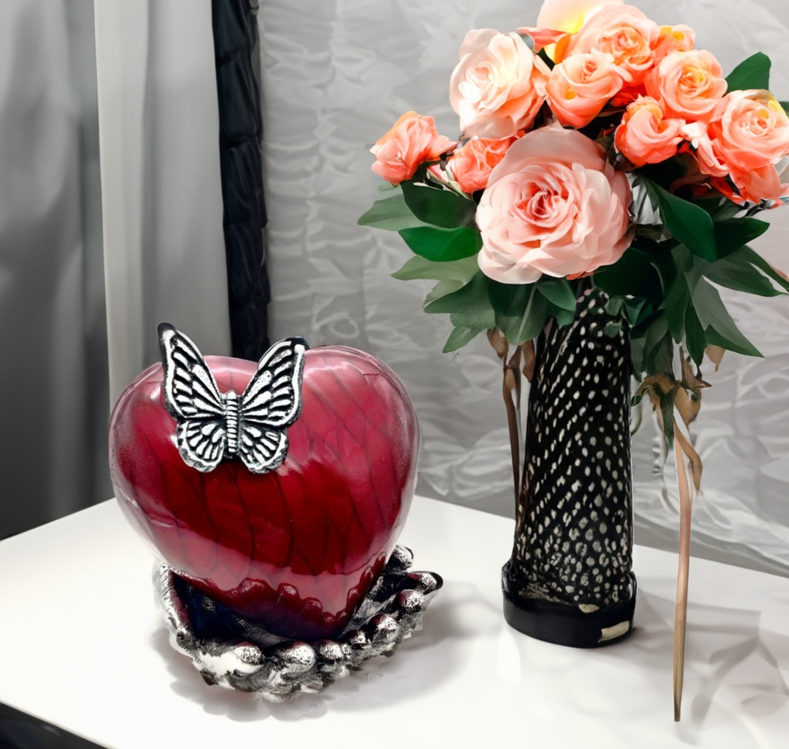 RED Butterfly Heart Cremation Urn for Ashes with Hand Shape Stand Memorial