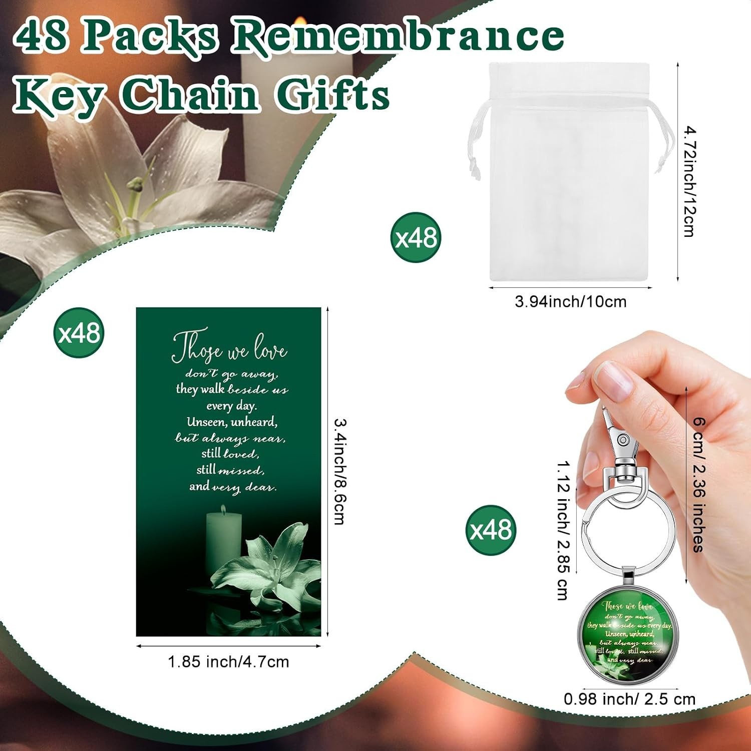Dark Green Funeral Favors Bundle: Keychains & Cards