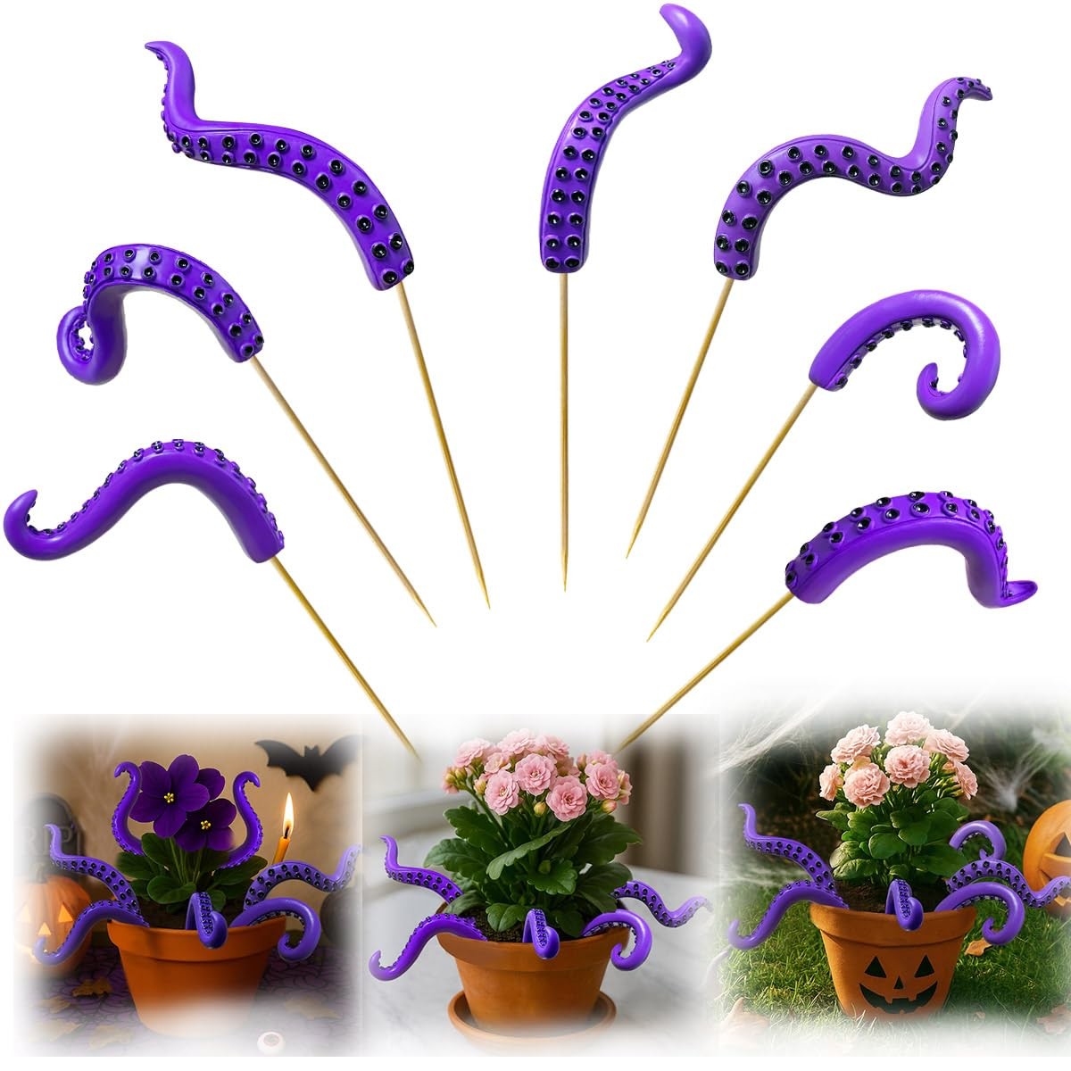 Octopus Tentacle Plant Stakes Set of 7 – Hand-Painted Resin Purple & Black Te…