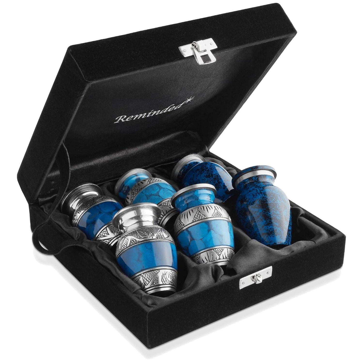Set of 6 Blue and Silver Mini Keepsake Urns with Velvet Case