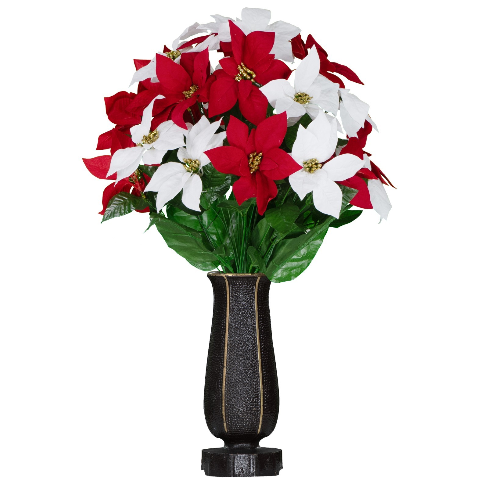 Artificial Cemetery Flowers – Red and White Poinsettias with Gold Glitter