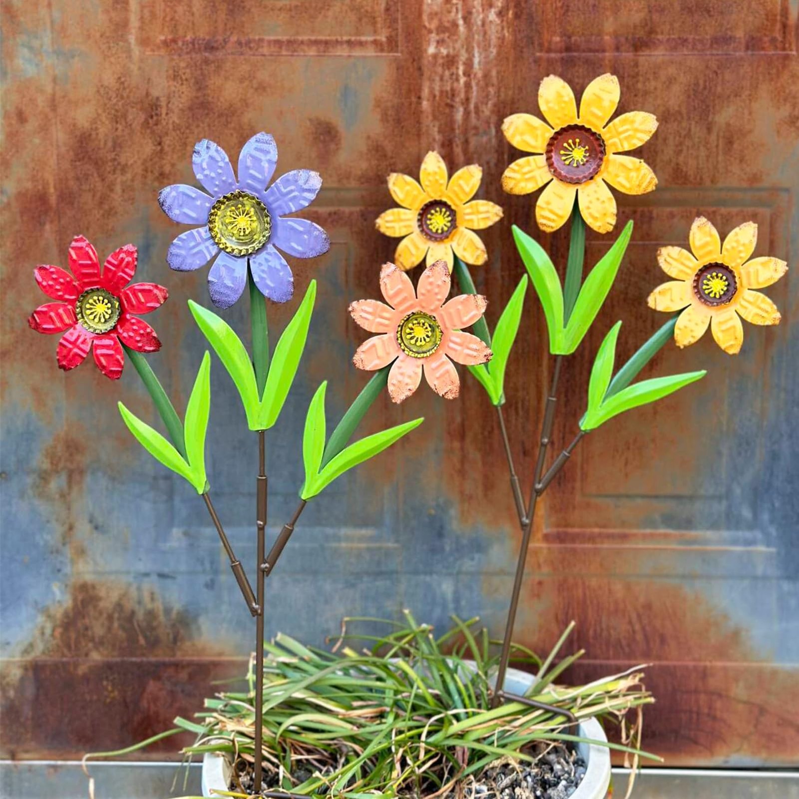 Vibrant 2-Pack Large Metal Flower Garden Stakes, Outdoor Yard Art Decor