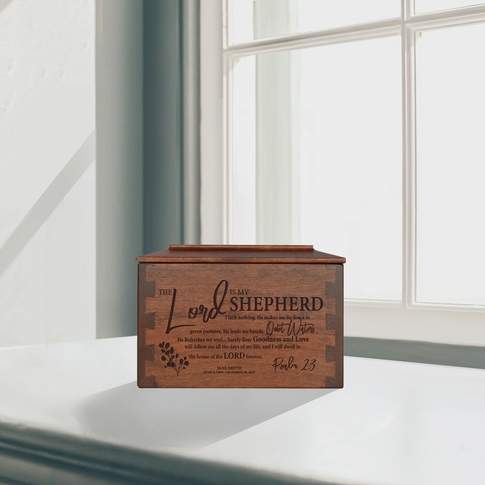 Custom Engraved Dovetail Urn for Human Ashes 7.75in – The Lord Is My Shepherd