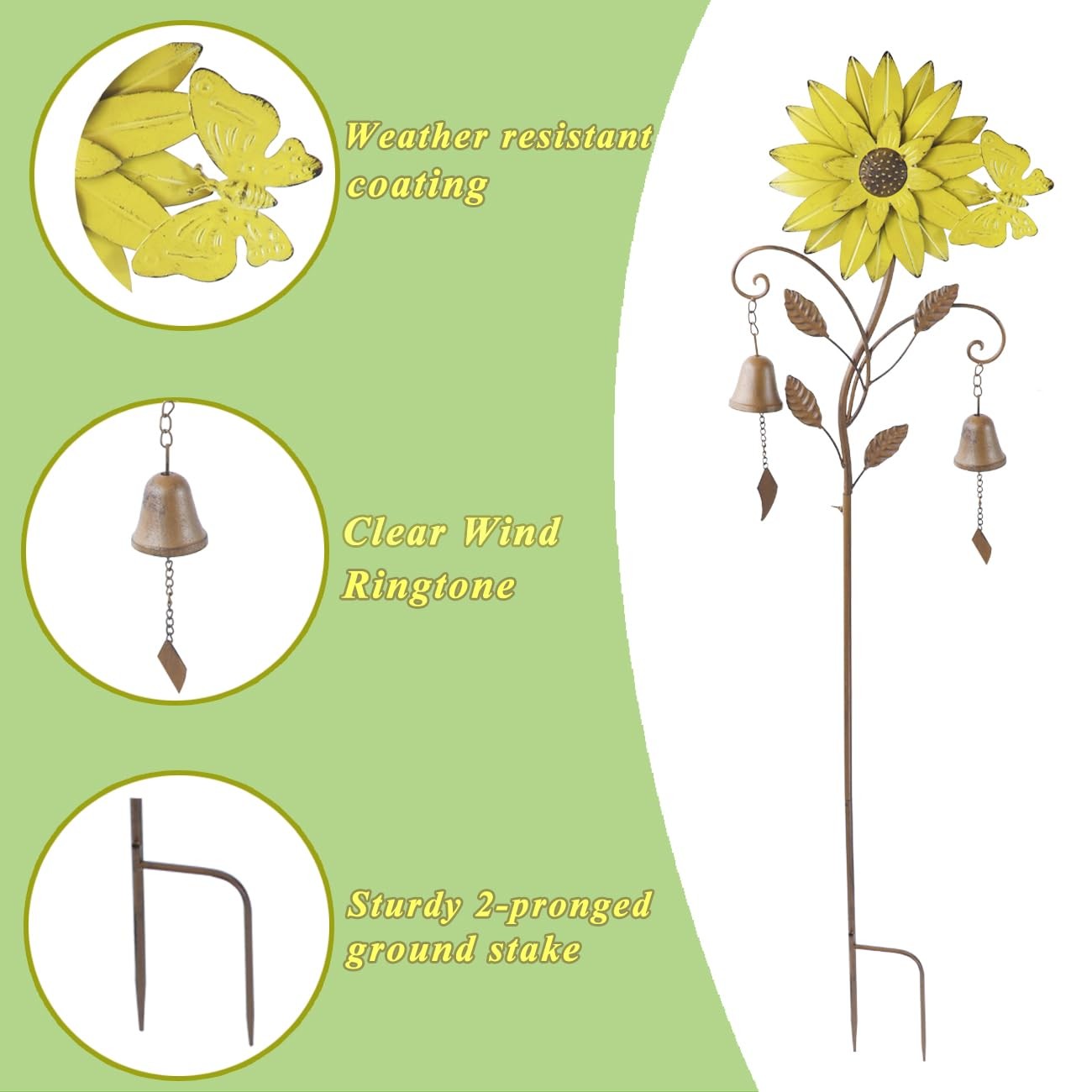 Sunflower Garden Stake With Bells Decorative Metal Yard Patio Outdoor Decor
