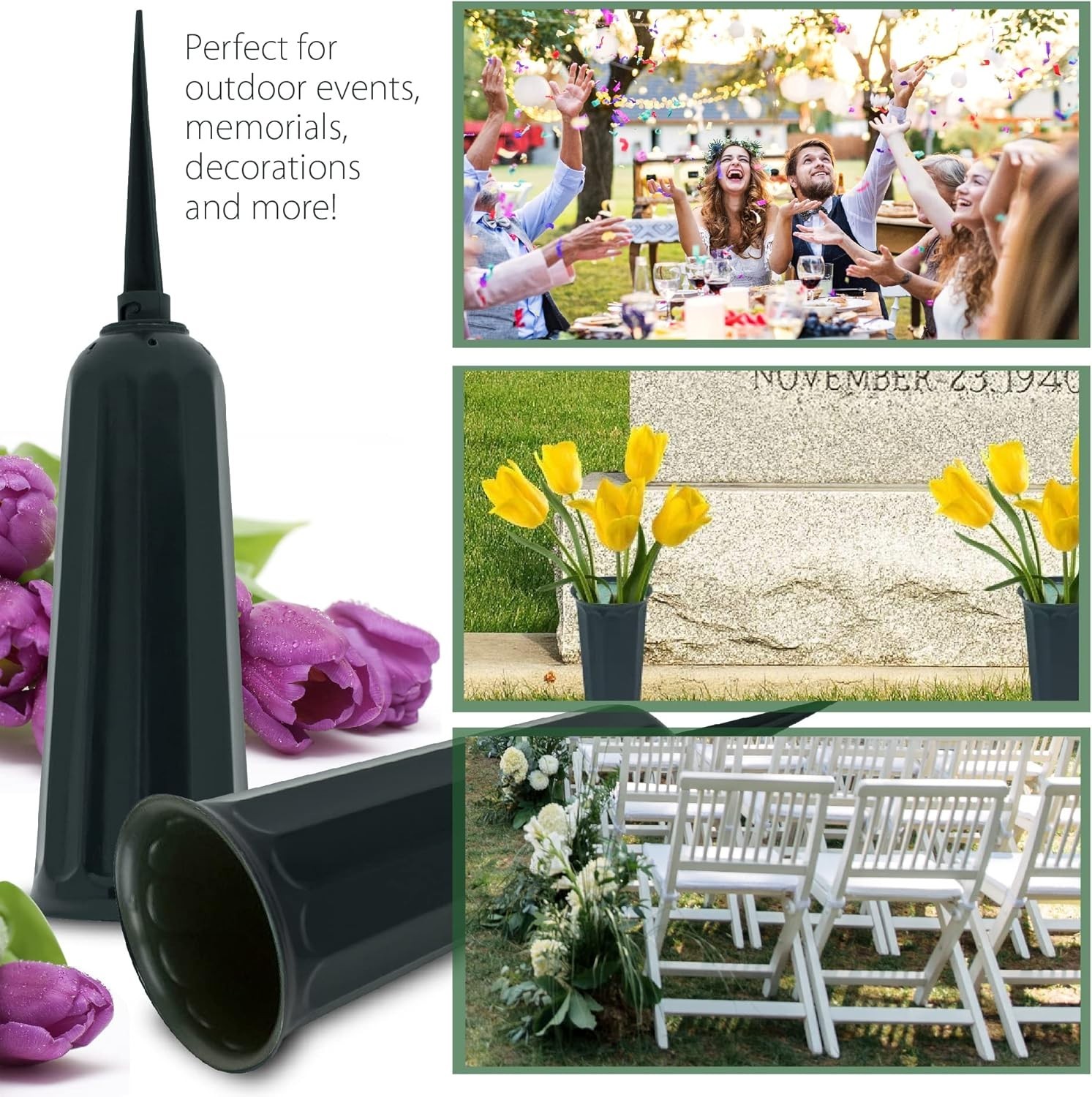6pk Memorial Floral Vase 7 Inch Green Polypropylene Cemetery Ground Stakes