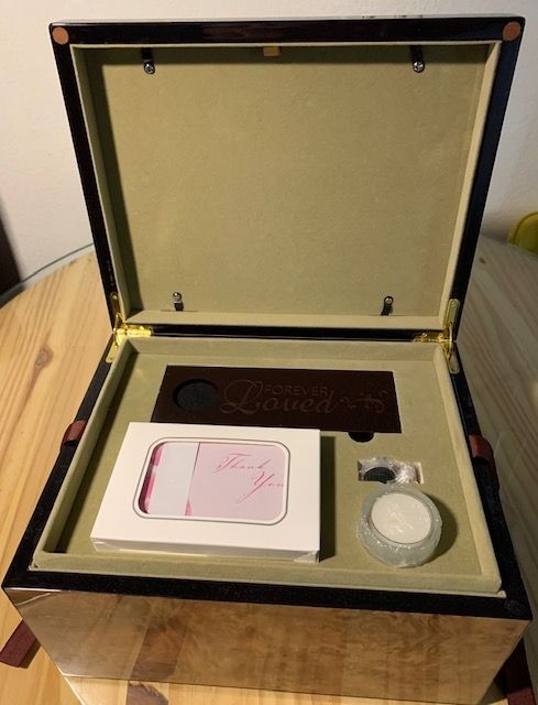 MEMORY KEEPSAKE BOX FOR HUMAN ASHES OR JEWELRY 10″X12″X7″, WITH CARDS AND CANDLE