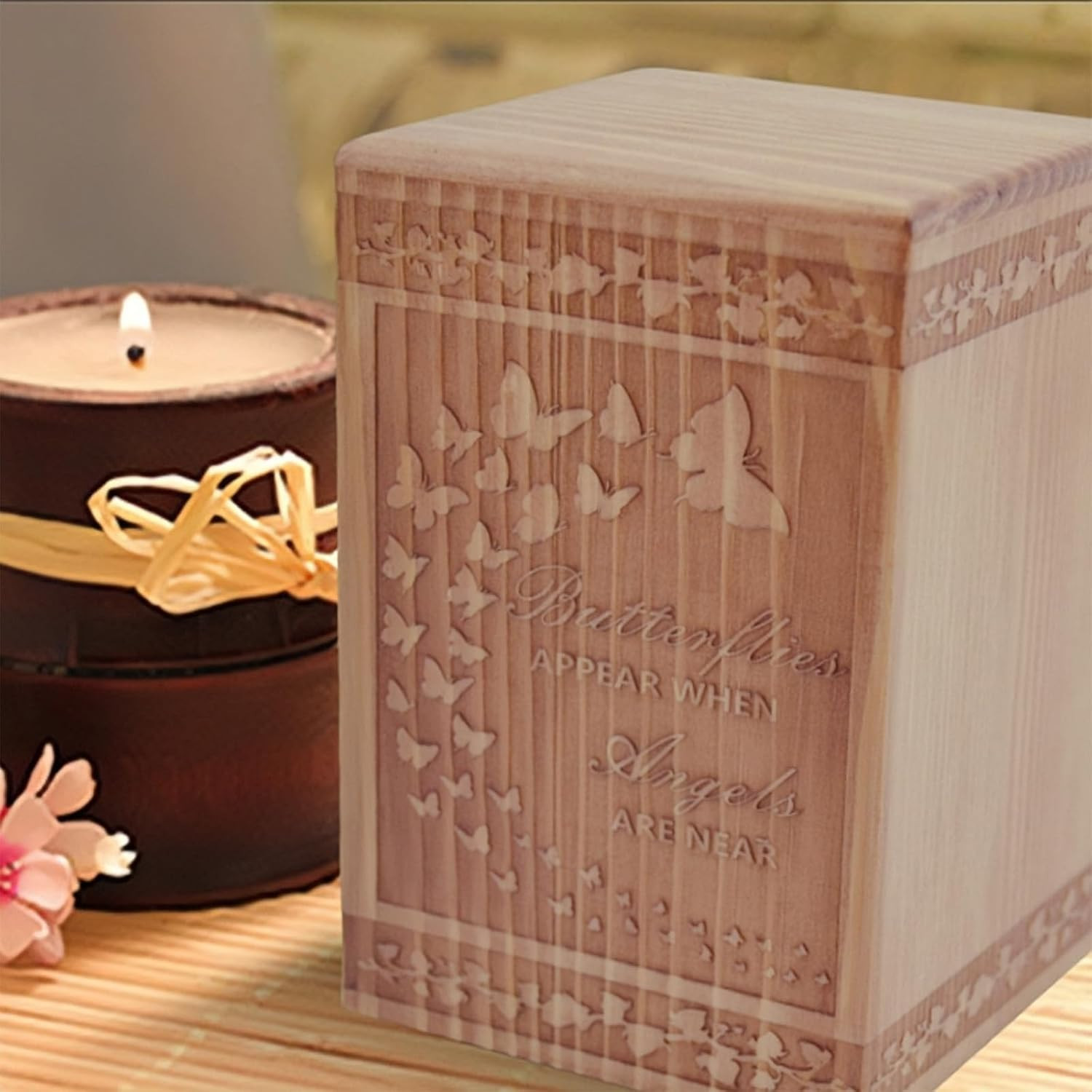 Handmade Wooden Cremation Urn for Ashes with Butterfly Engraving 24 Cubic Inch P