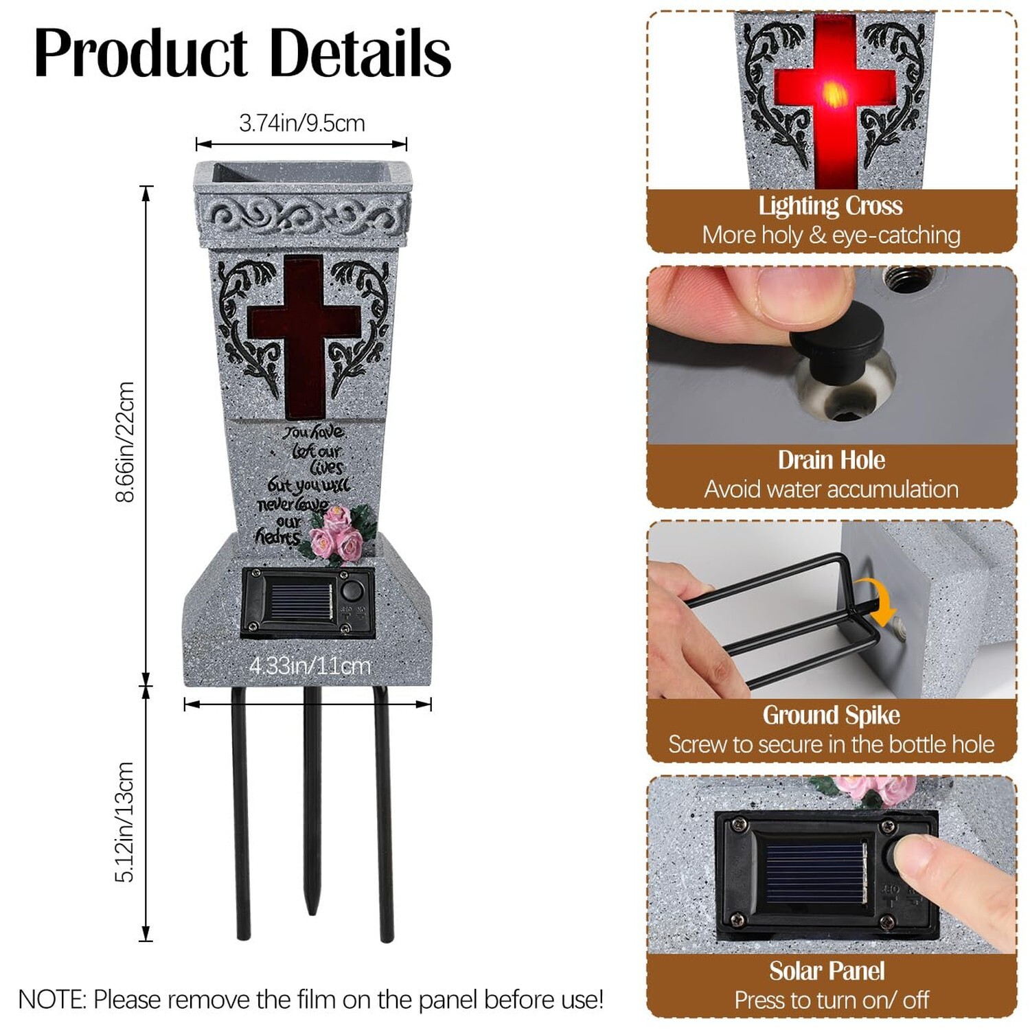 Lewondr Solar Cemetery Vases for Grave, Cross Grave Flower Holder with Solar …