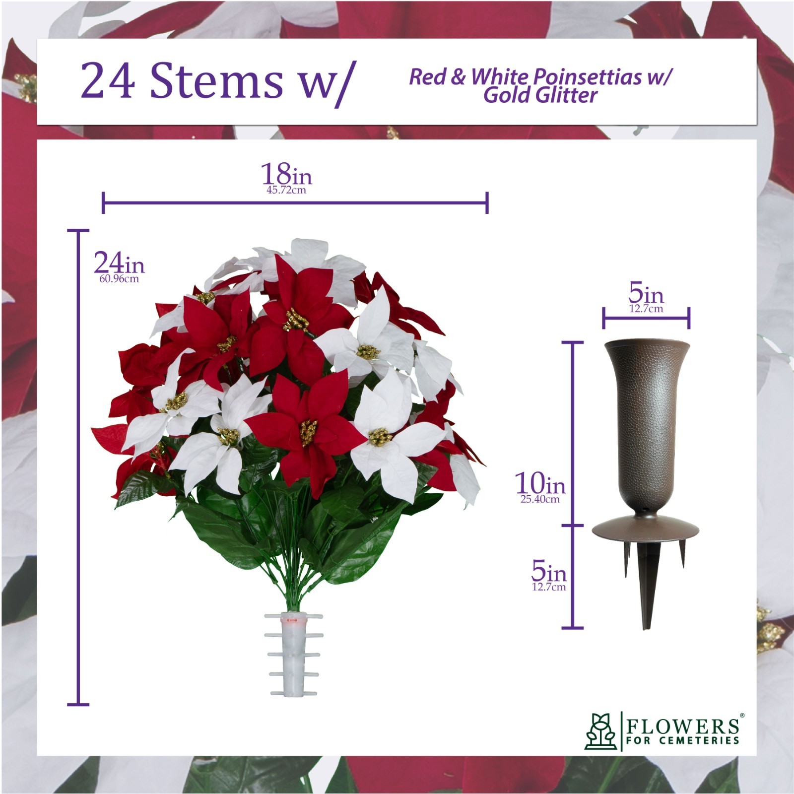 Artificial Red & White Poinsettias with Gold Glitter Bouquet With Vase