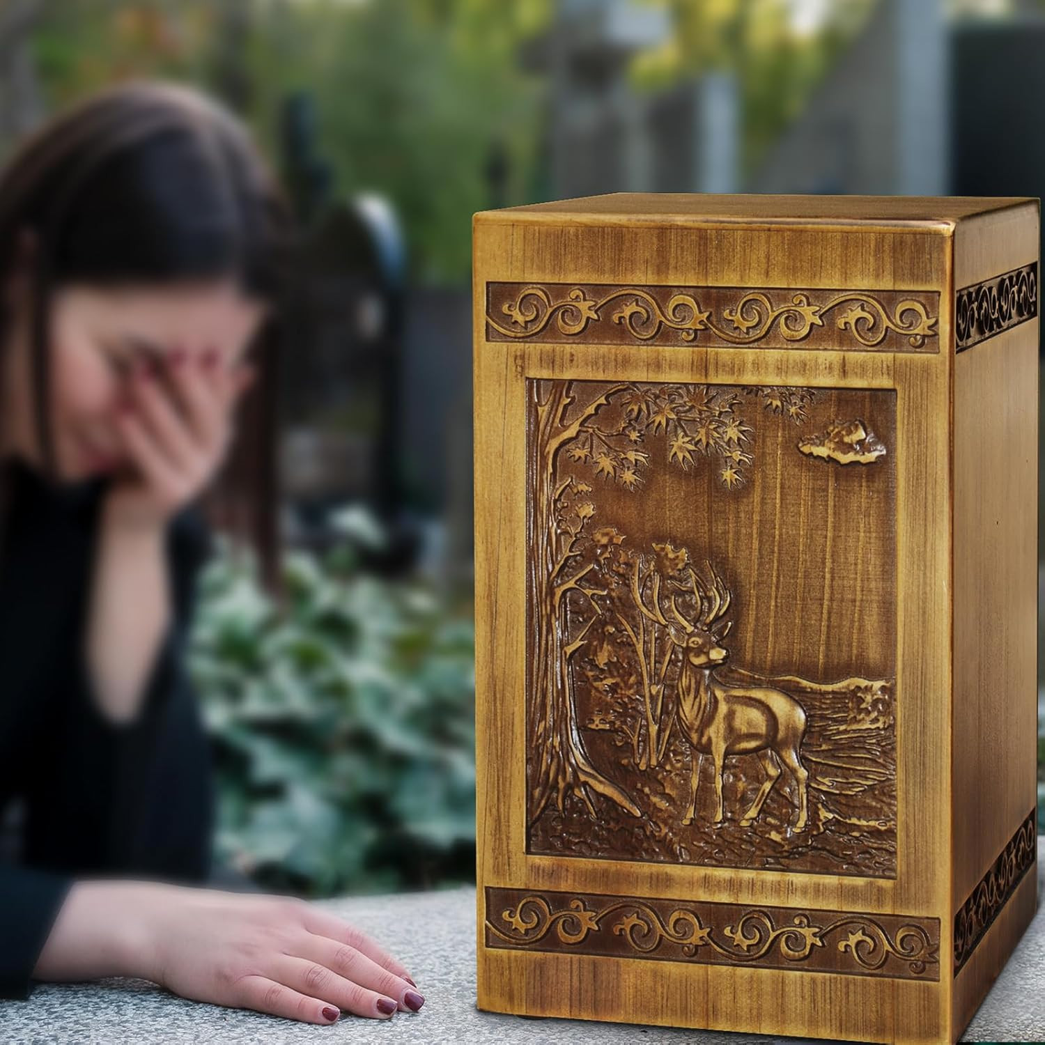 Wooden Cremation Urns for Human Ashes Adult Male Female Deer Carving Handmade Wo