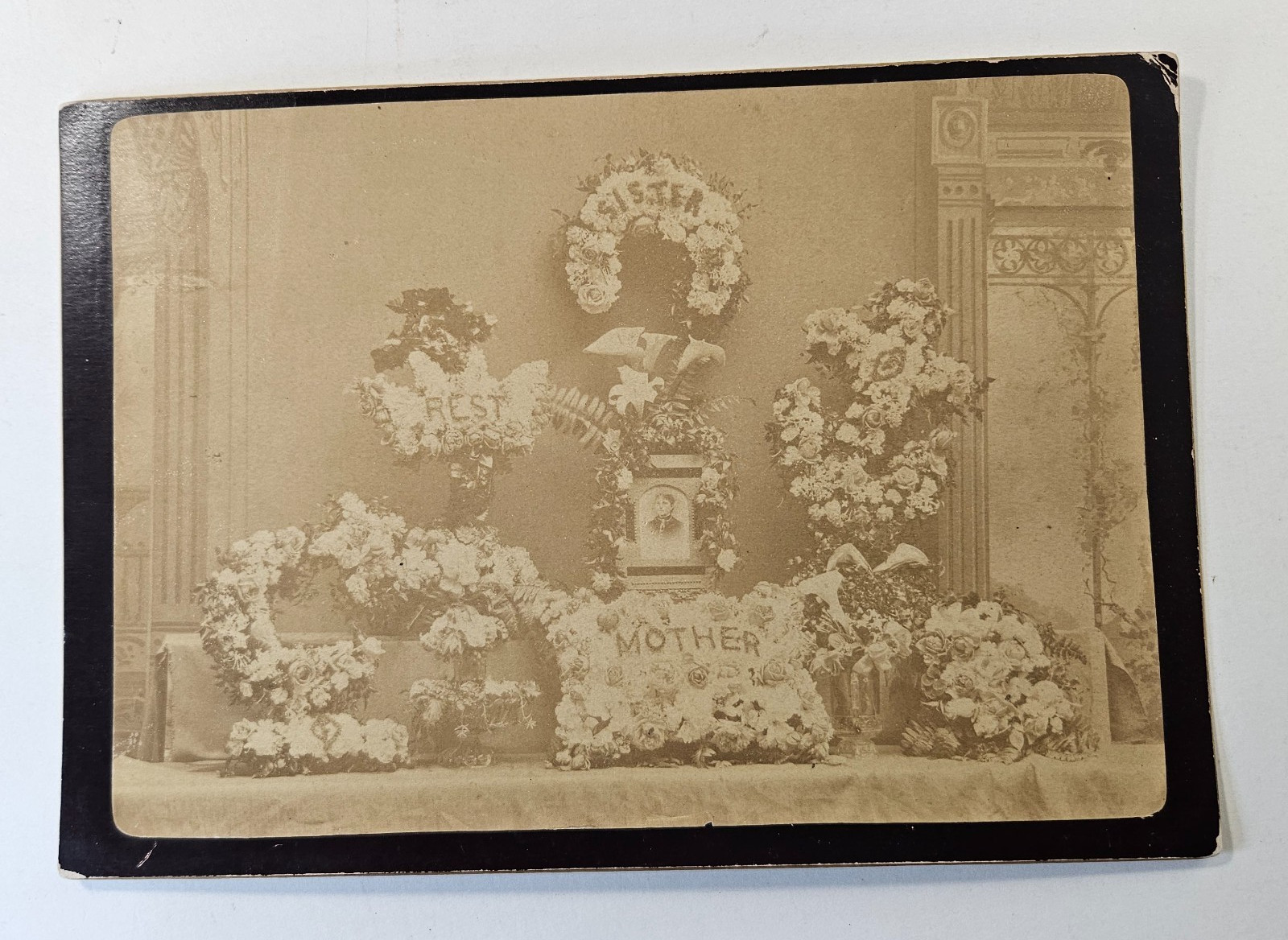 Vintage Lg Cabinet Card Photo Funeral Home Mother Sister Flower Display