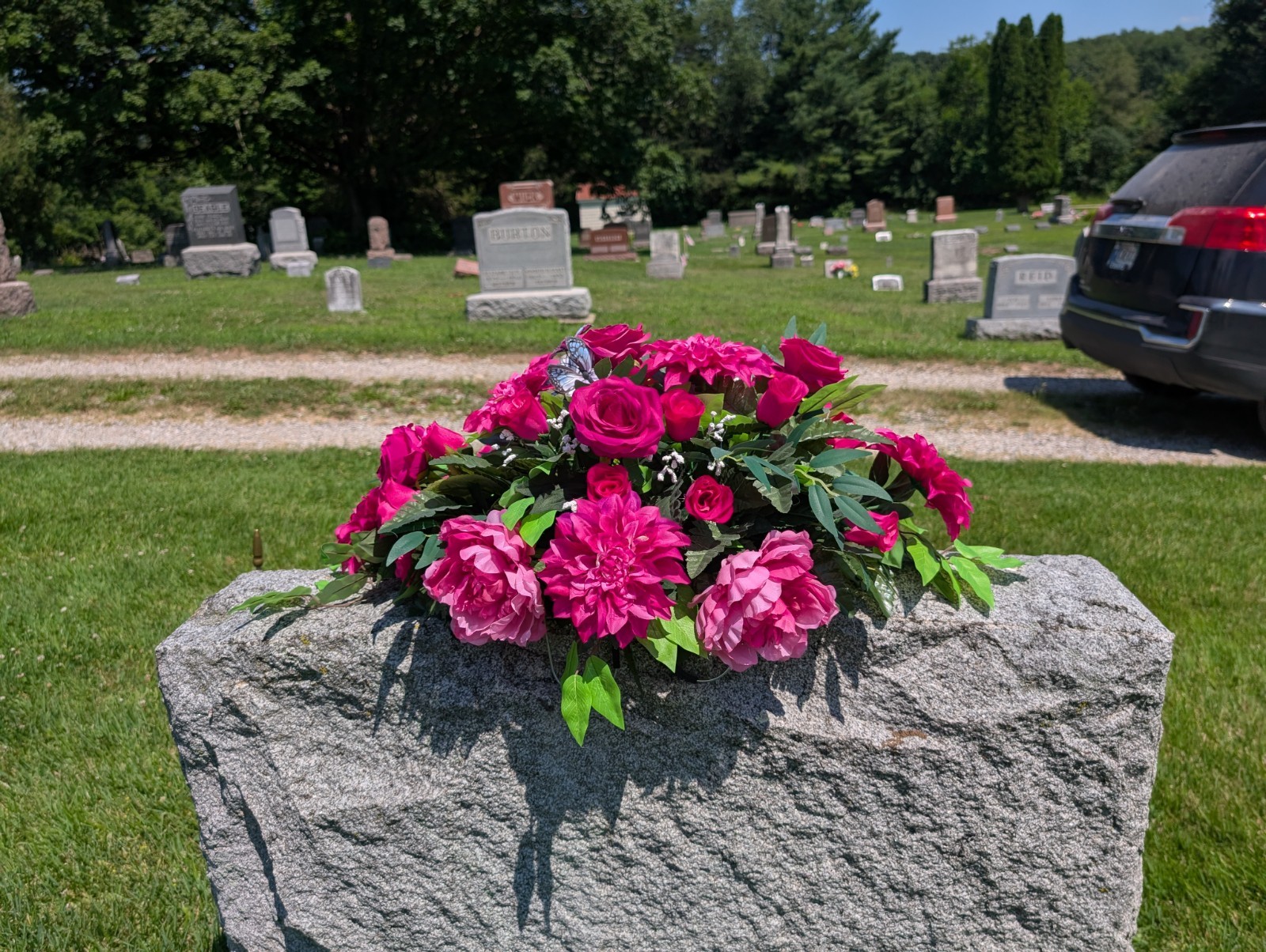 Hot Pink Cemetery Saddle, Memorial Flowers for Grave, Floral Headstone Saddle