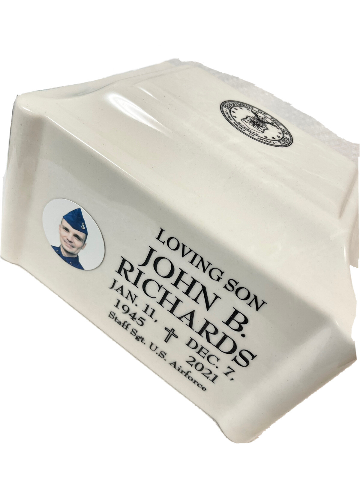White Cremation Urn Vault w/ Photo & Laser Engraved Name Dates & Picture Emblem