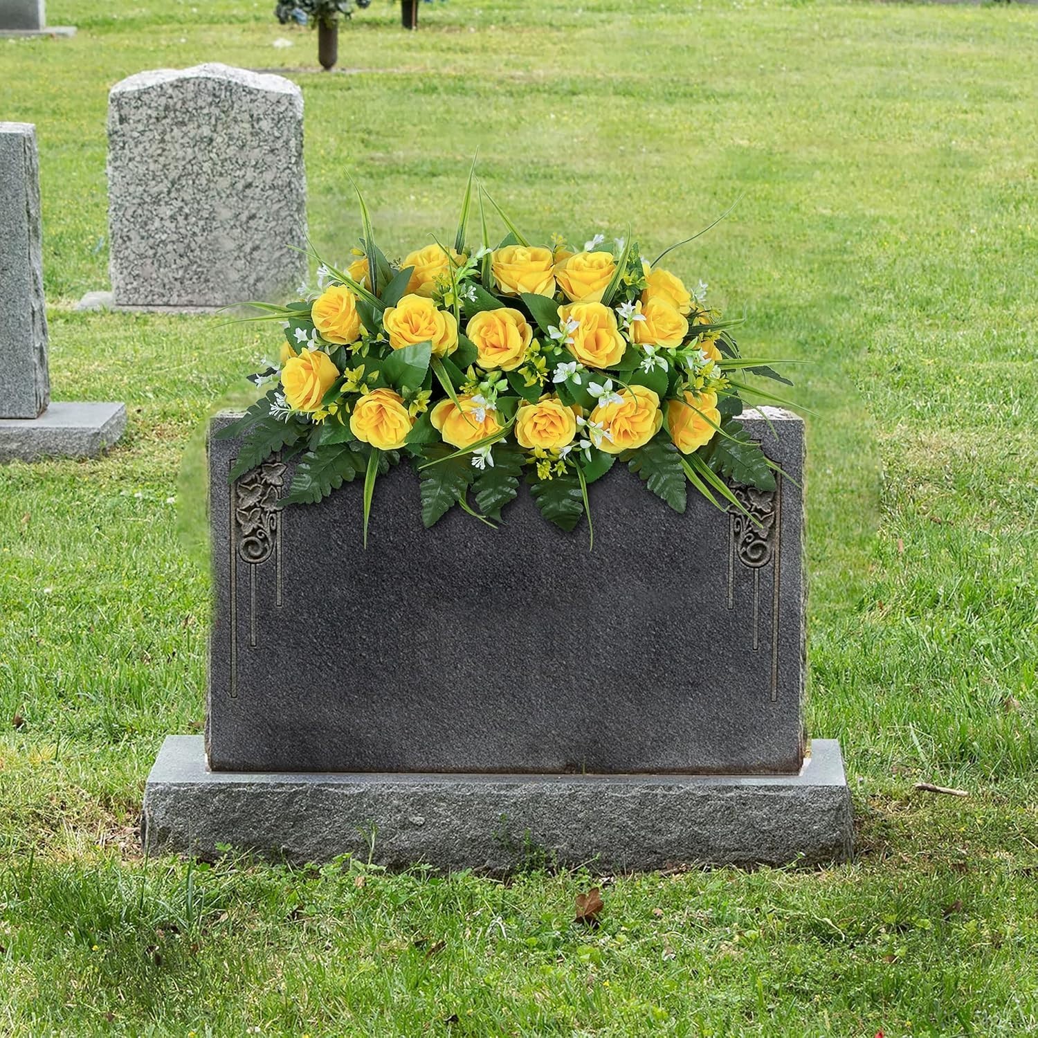 Weather-Resistant Silk Flower Saddle – Vibrant Yellow Rose Grave Decoration