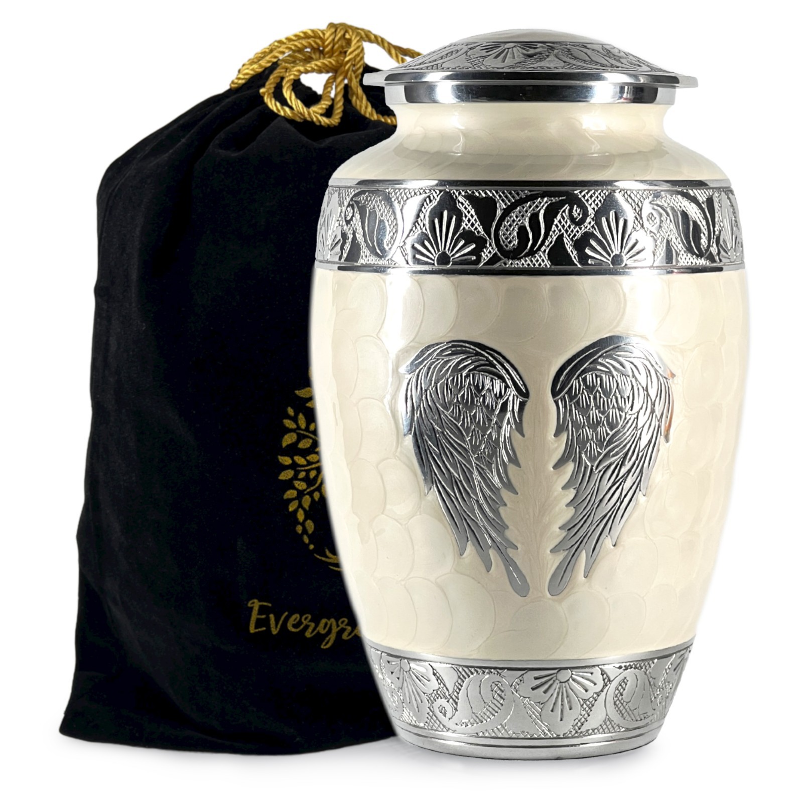 Pearl White Angel Wings Cremation Urn: Large Memorial Urn for Ashes (200 Lbs)