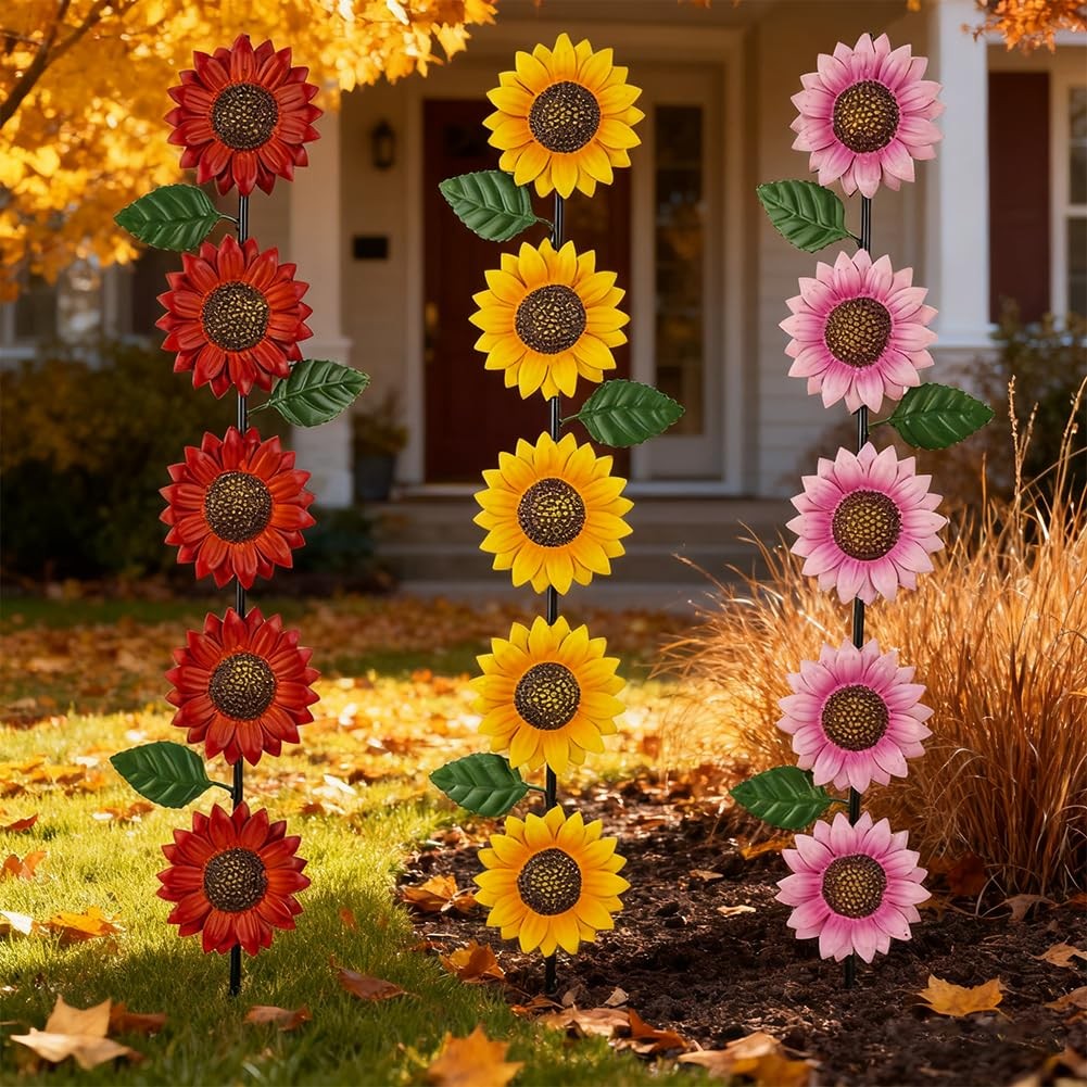 3 Pack Sunflowers Garden Stakes Decor,Metal Yard Art Decorative Garden Stakes…