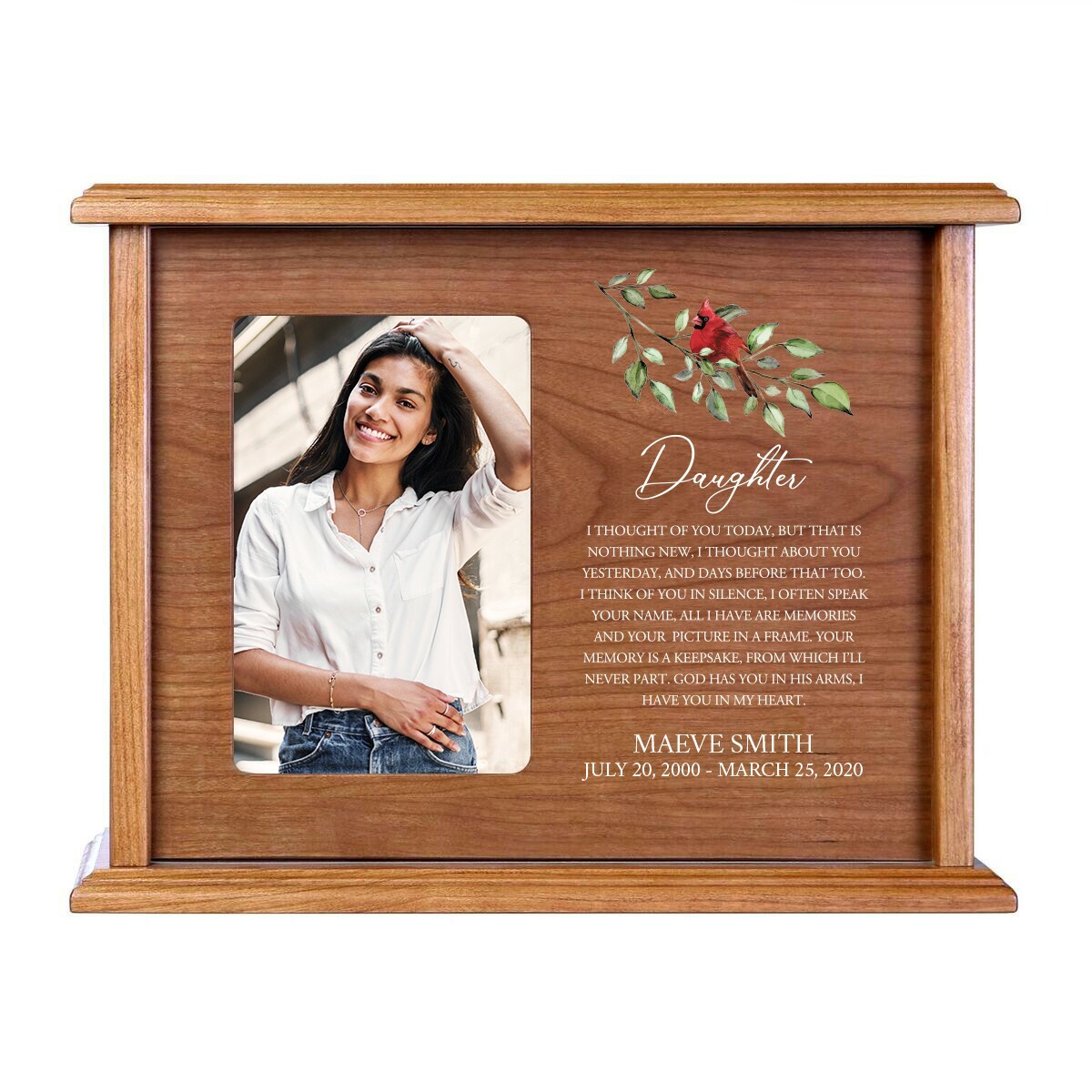 Custom Memorial Cardinal Cremation Urn Box Holds 4×6 Photo – Daughter I Thought