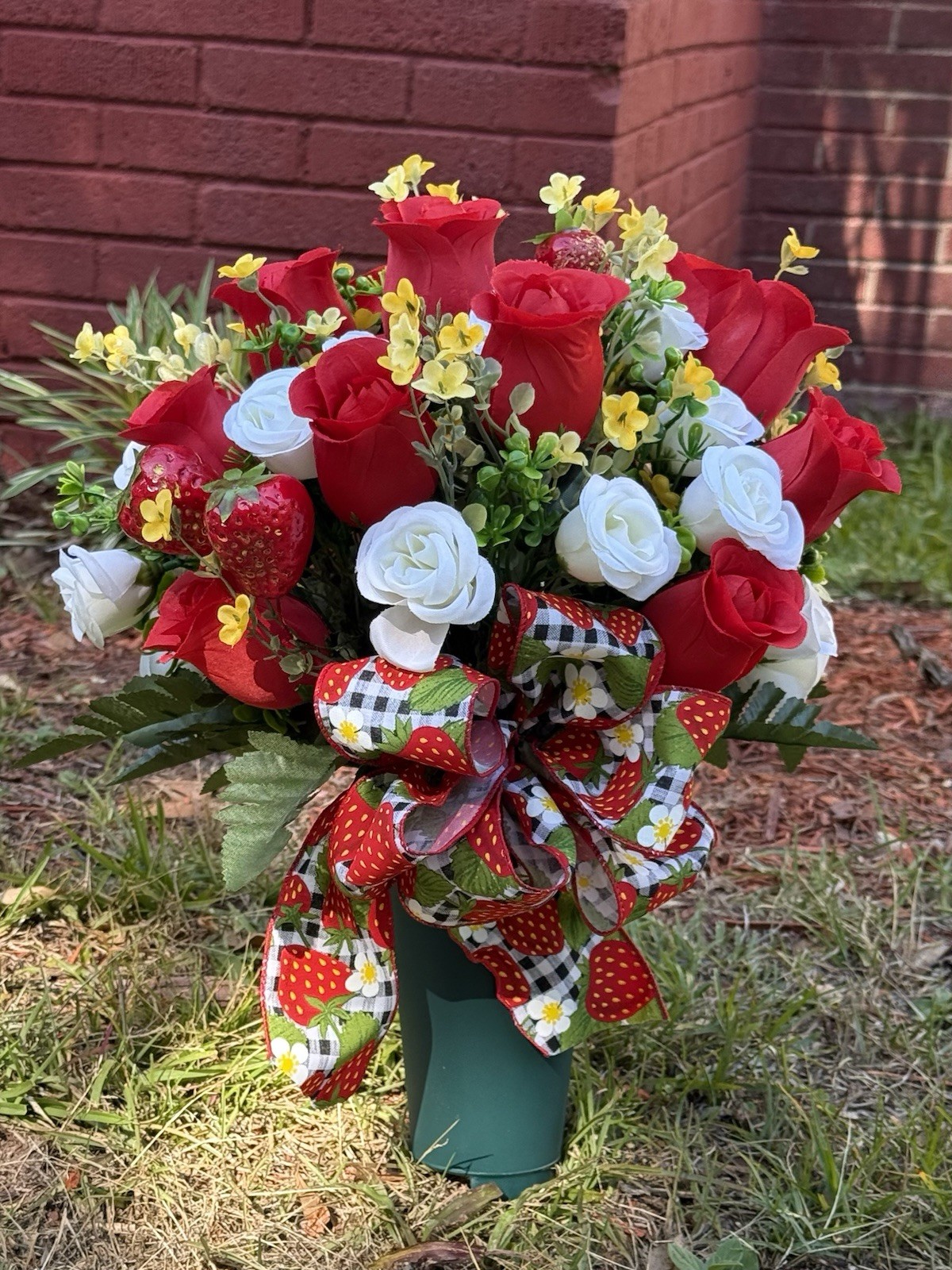 Cemetery Vase Memorial Silk Flower Arrangement Red & Off White