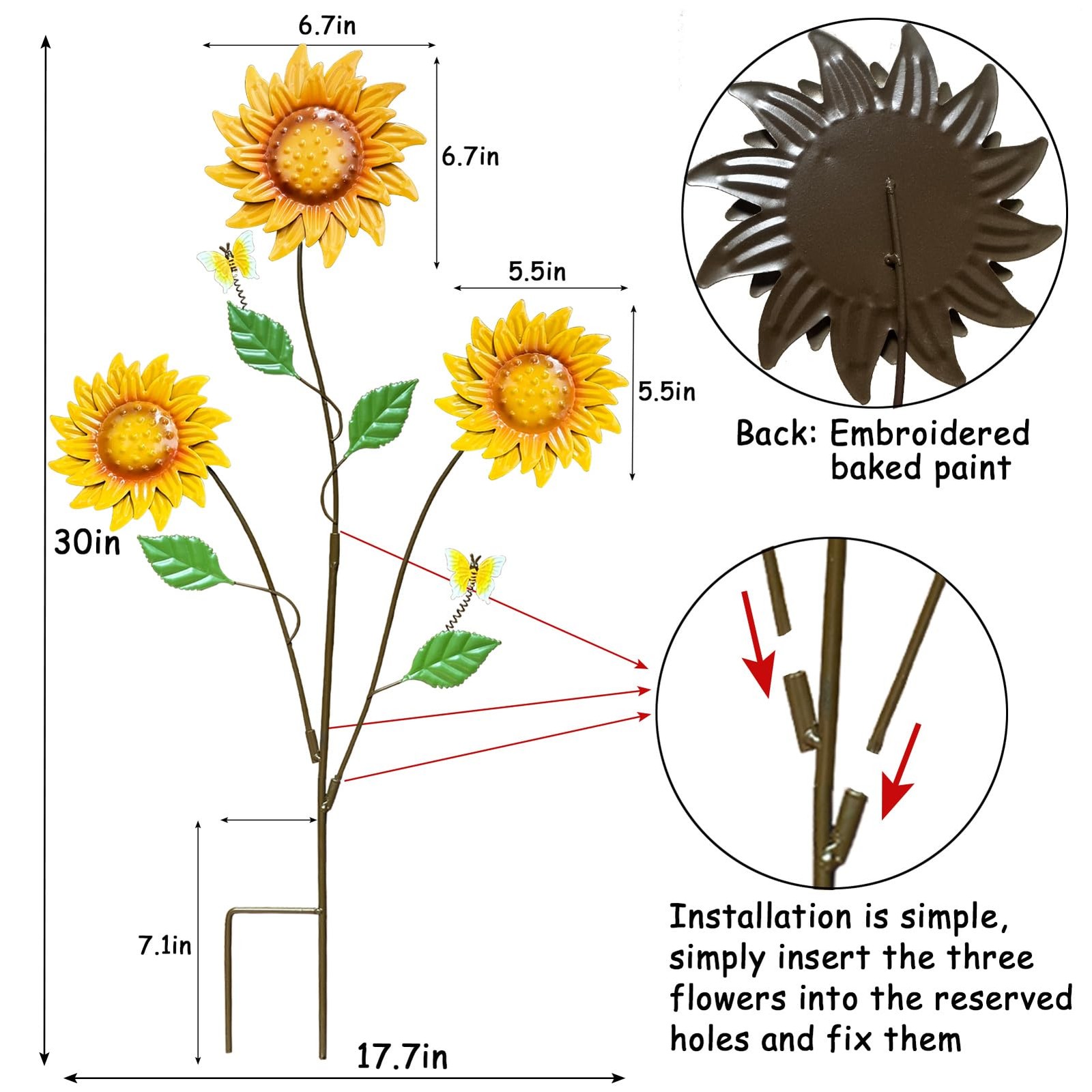 WKHOMEDECO Metal Flowers for Outside, 30-Inch Iron Sunflower Garden Stakes Se…