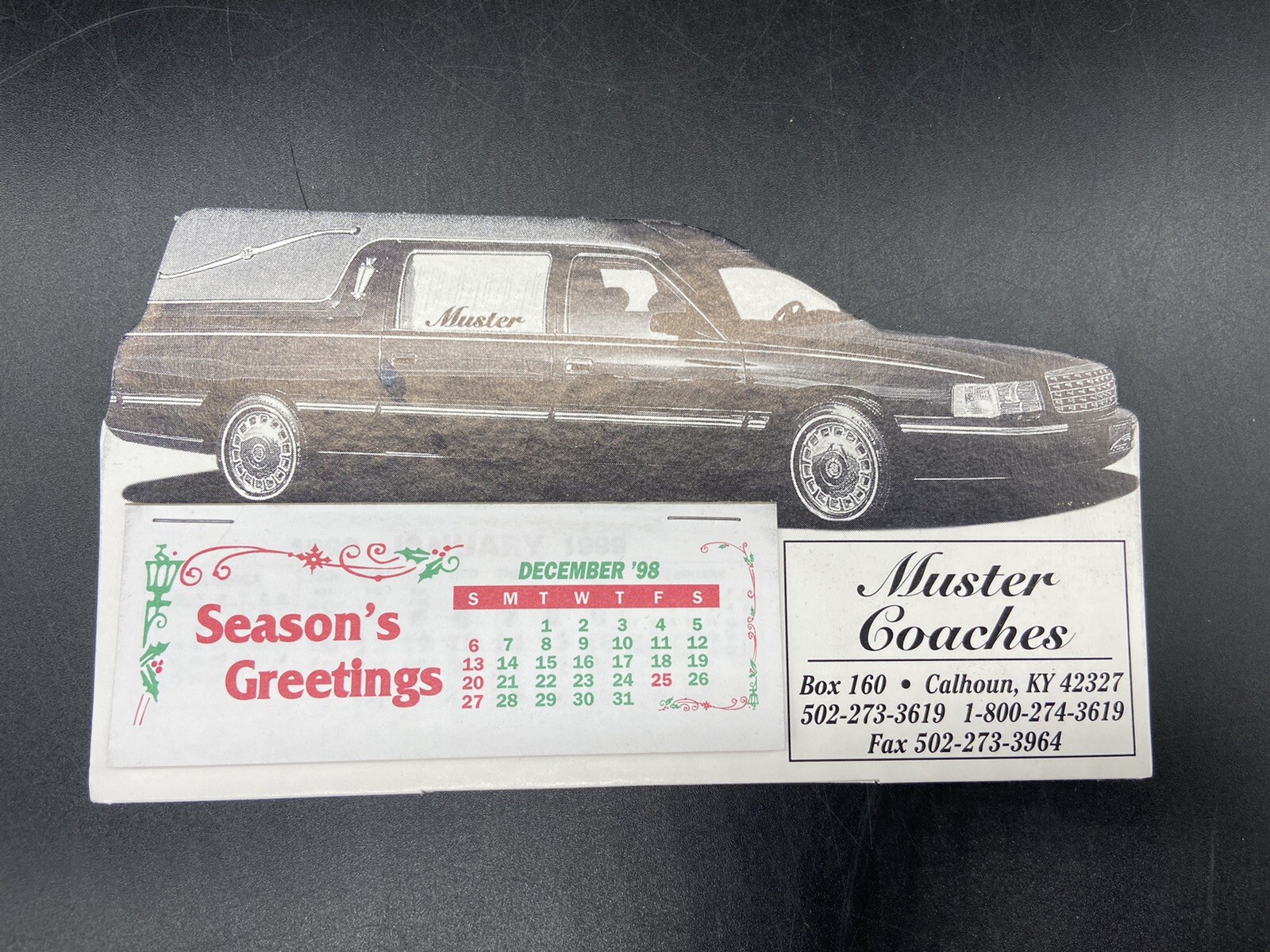 1999 Muster Coaches Cadillac Hearse Calendar Vintage Professional Car Ephemera