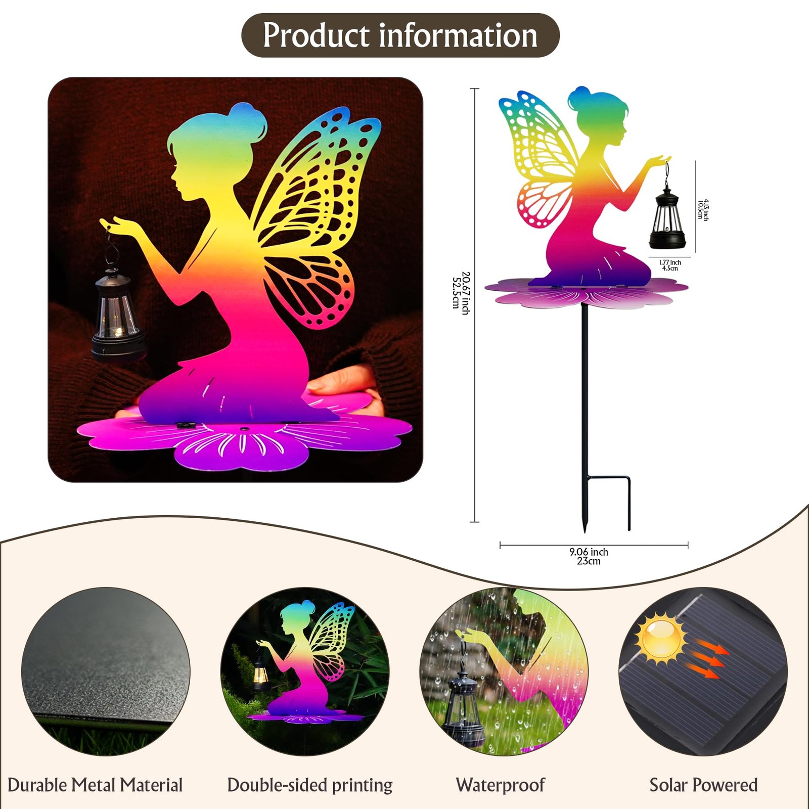 Iridescent Solar Fairy Garden Stake 21″ LED Lantern for Outdoor Decor