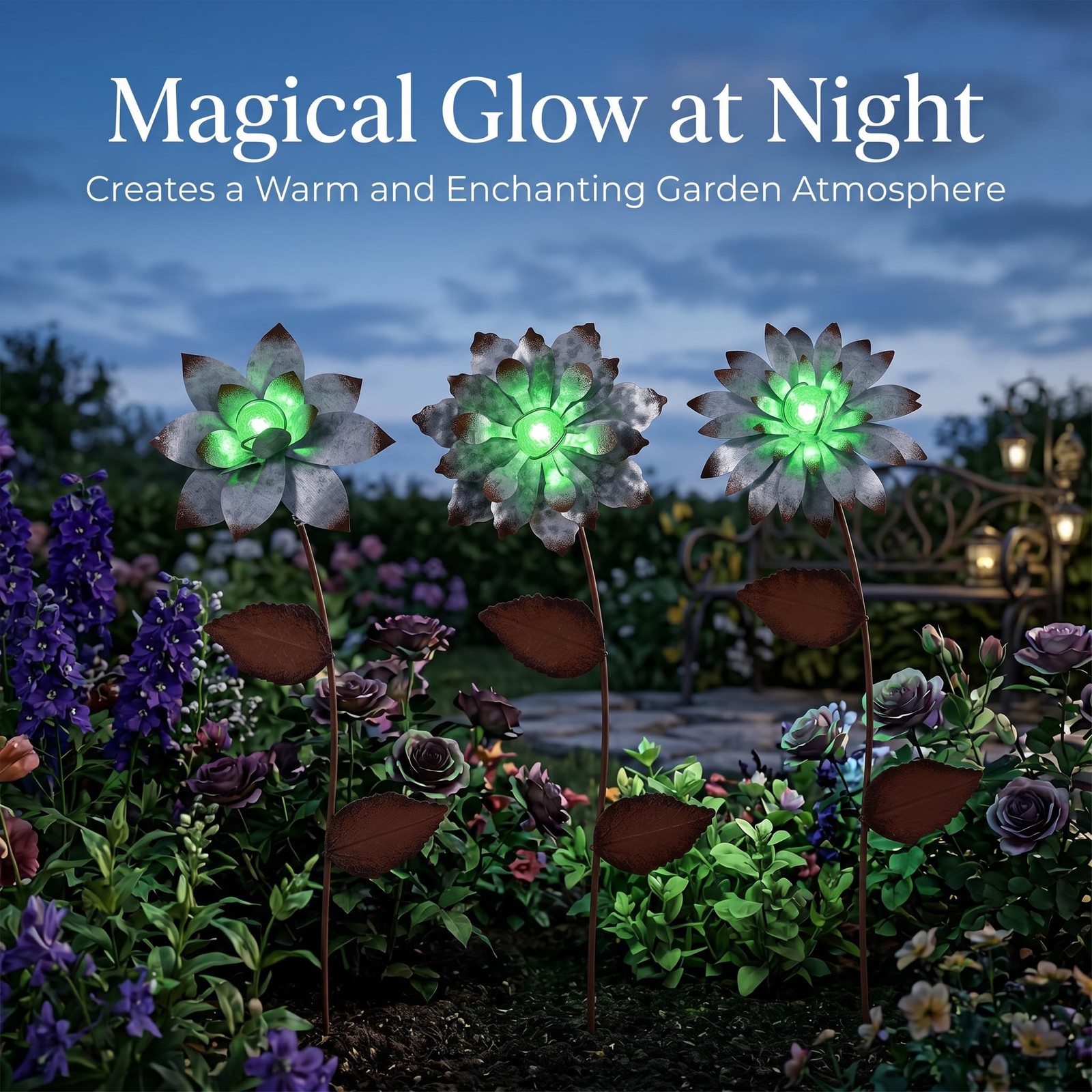 Metal Flower Garden Stakes Set of 3, Glow in The Dark Outdoor Garden Decor, D…